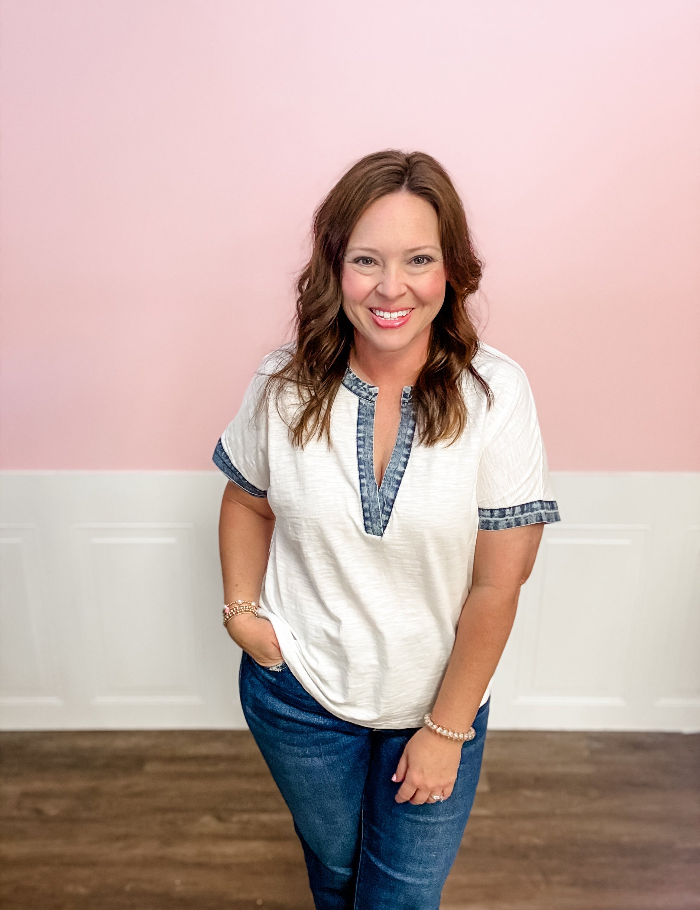 Easy Days Denim Trim Top: Plus Size - Just a Small Town Girl