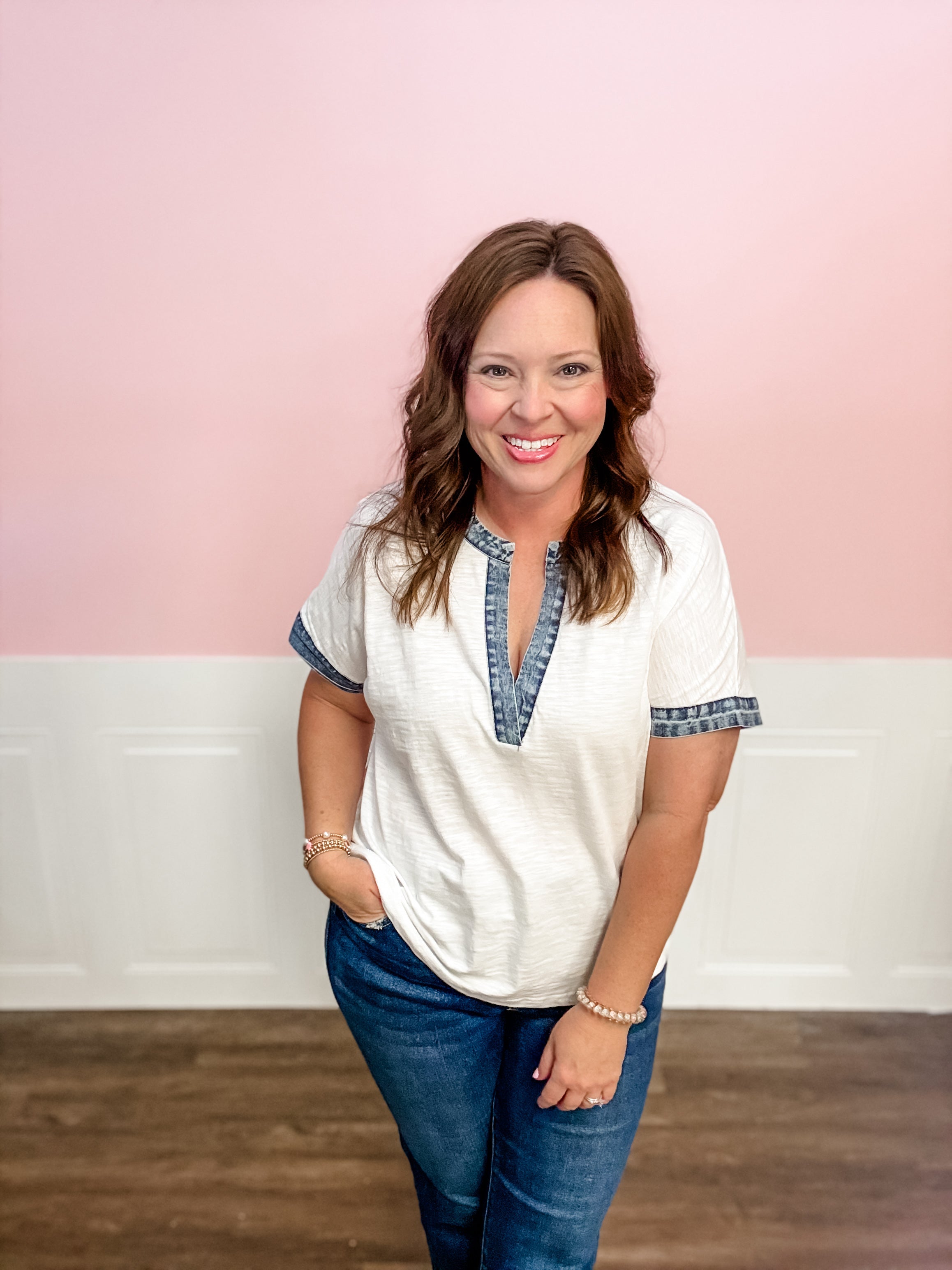 Easy Days Denim Trim Top: Plus Size - Just a Small Town Girl