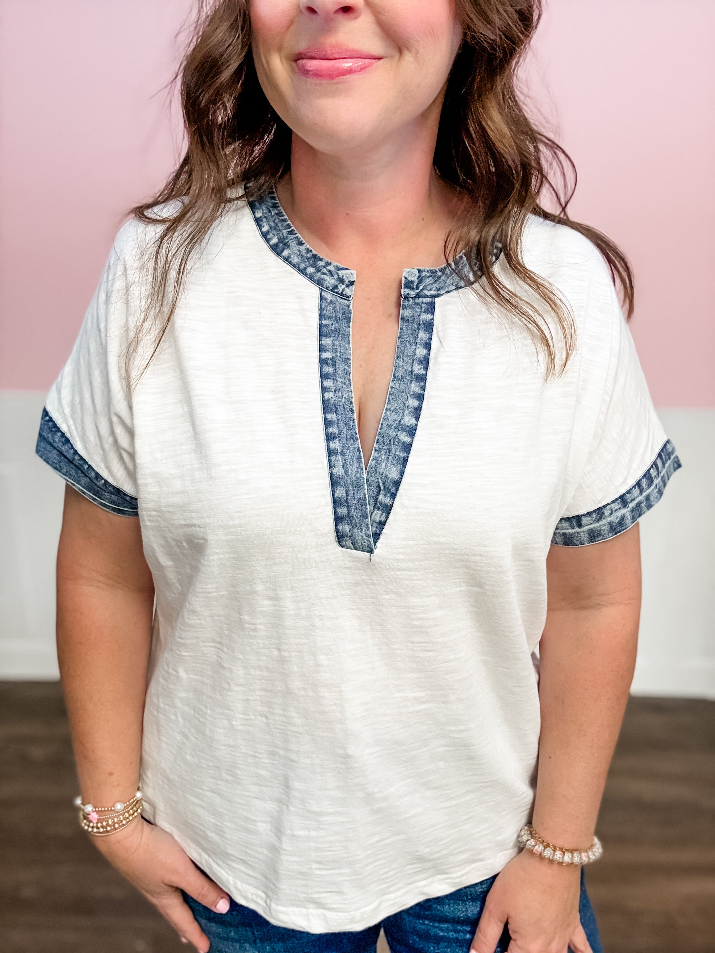 Easy Days Denim Trim Top: Plus Size - Just a Small Town Girl