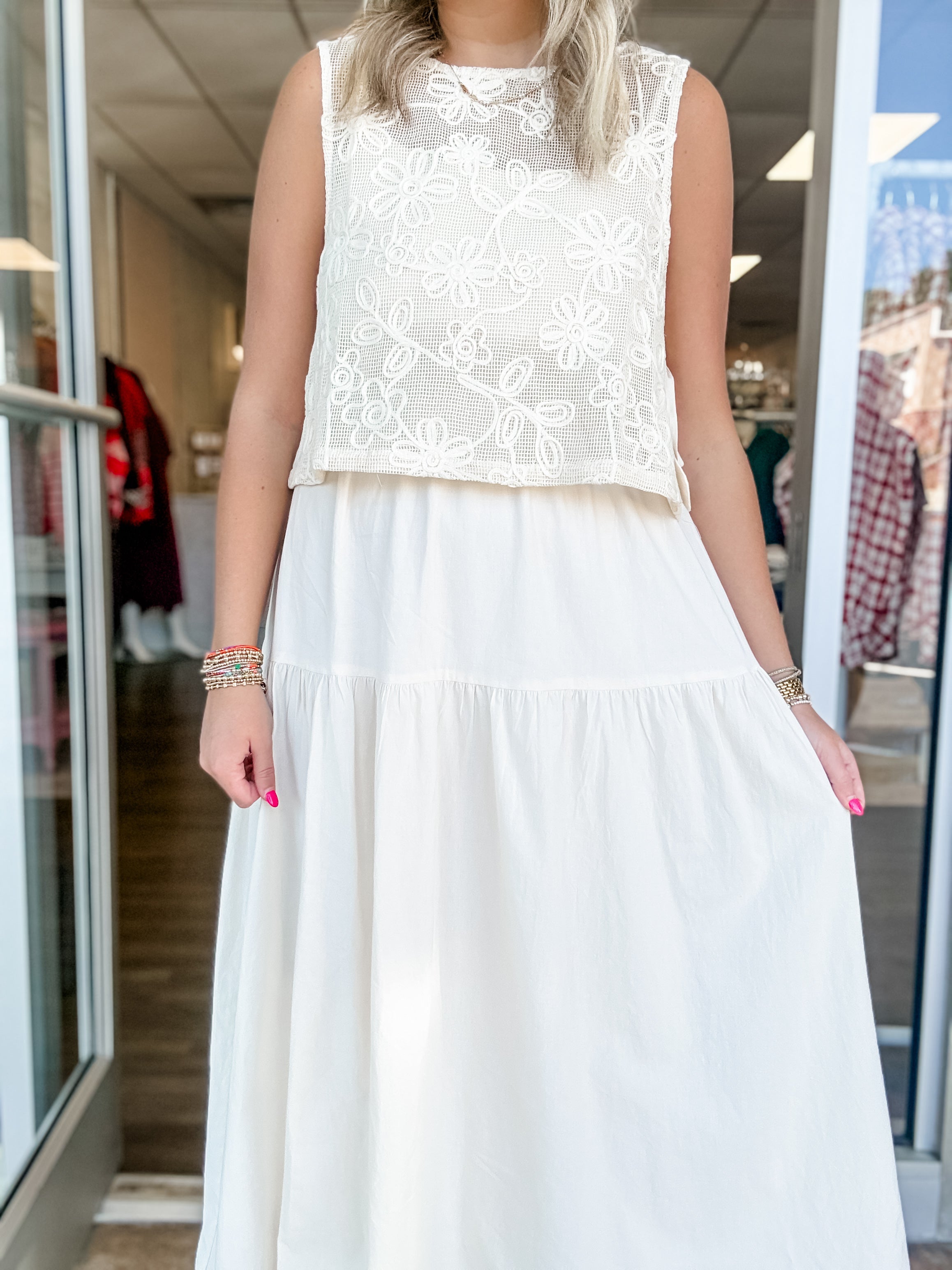 Ecru Crochet Lace Overlay Tiered Maxi Dress - Just a Small Town Girl