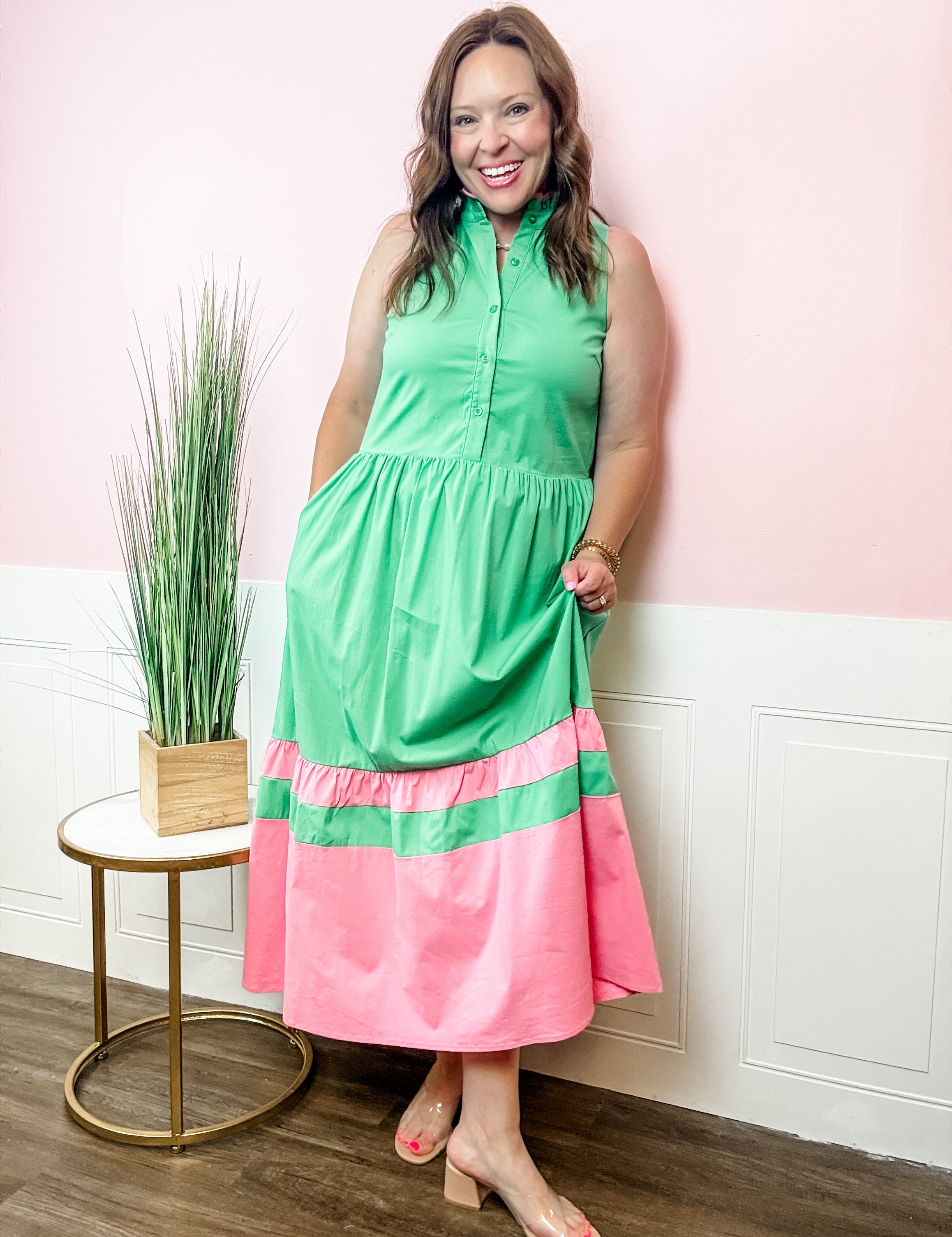 Emerald & Pink Trim Dropwaist Dress - Just a Small Town Girl