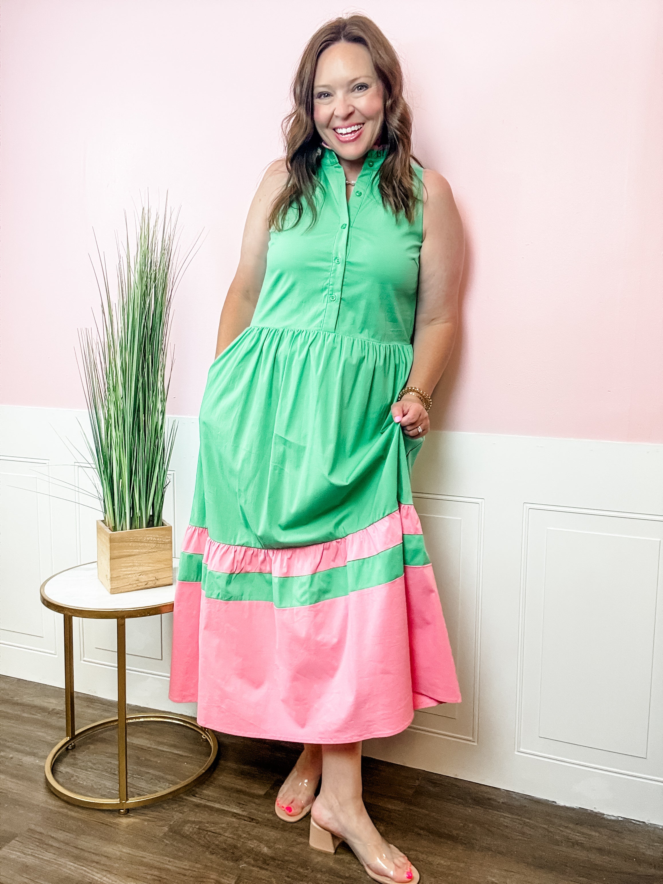 Emerald & Pink Trim Dropwaist Dress - Just a Small Town Girl