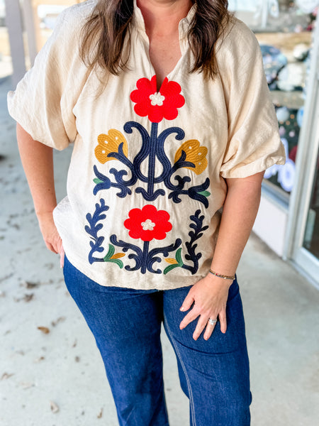 Fiesta Bloom Embroidered Blouse - Just a Small Town Girl