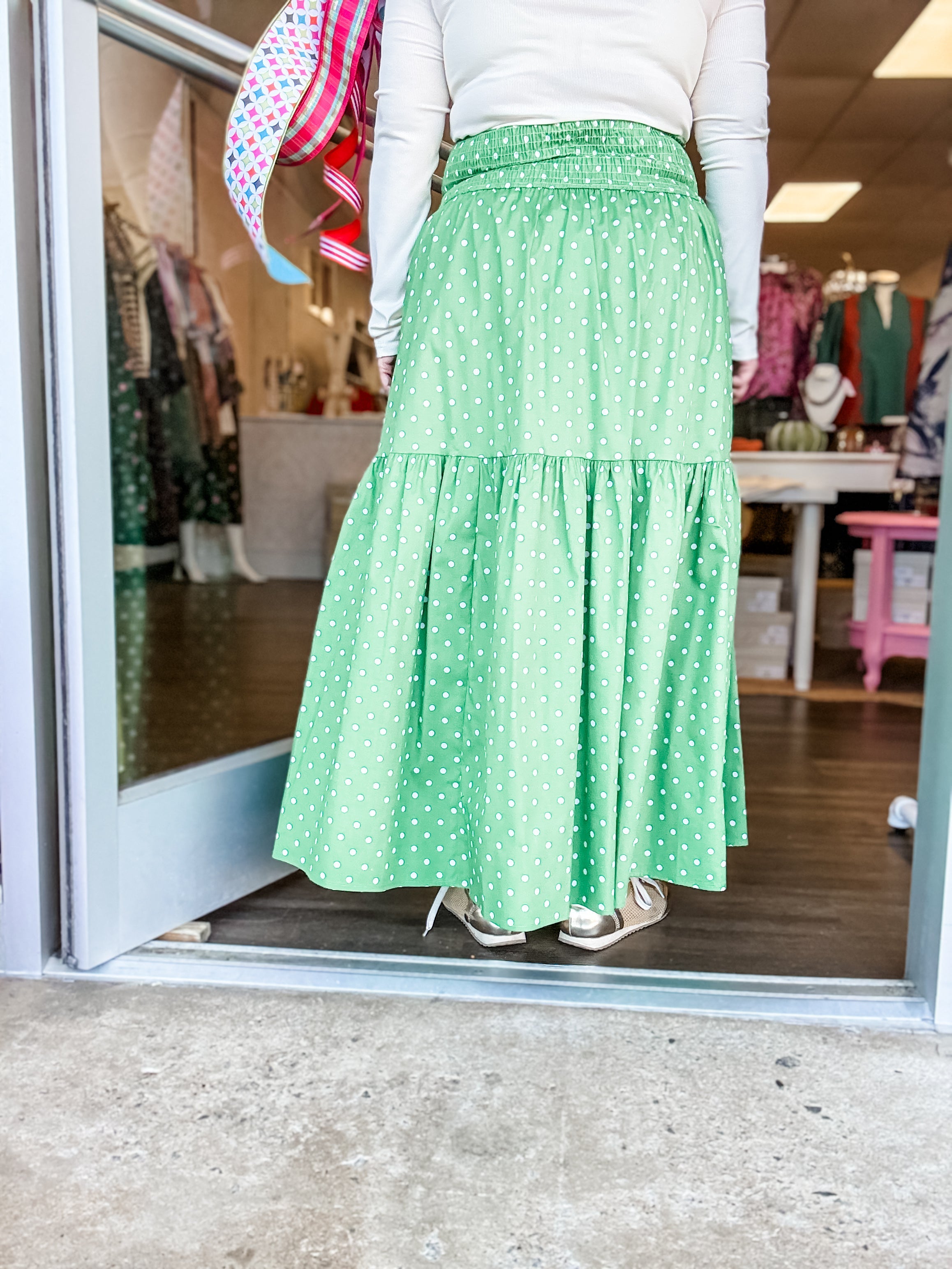 Forest Polka Dot Smocked Tiered Midi Skirt - Just a Small Town Girl
