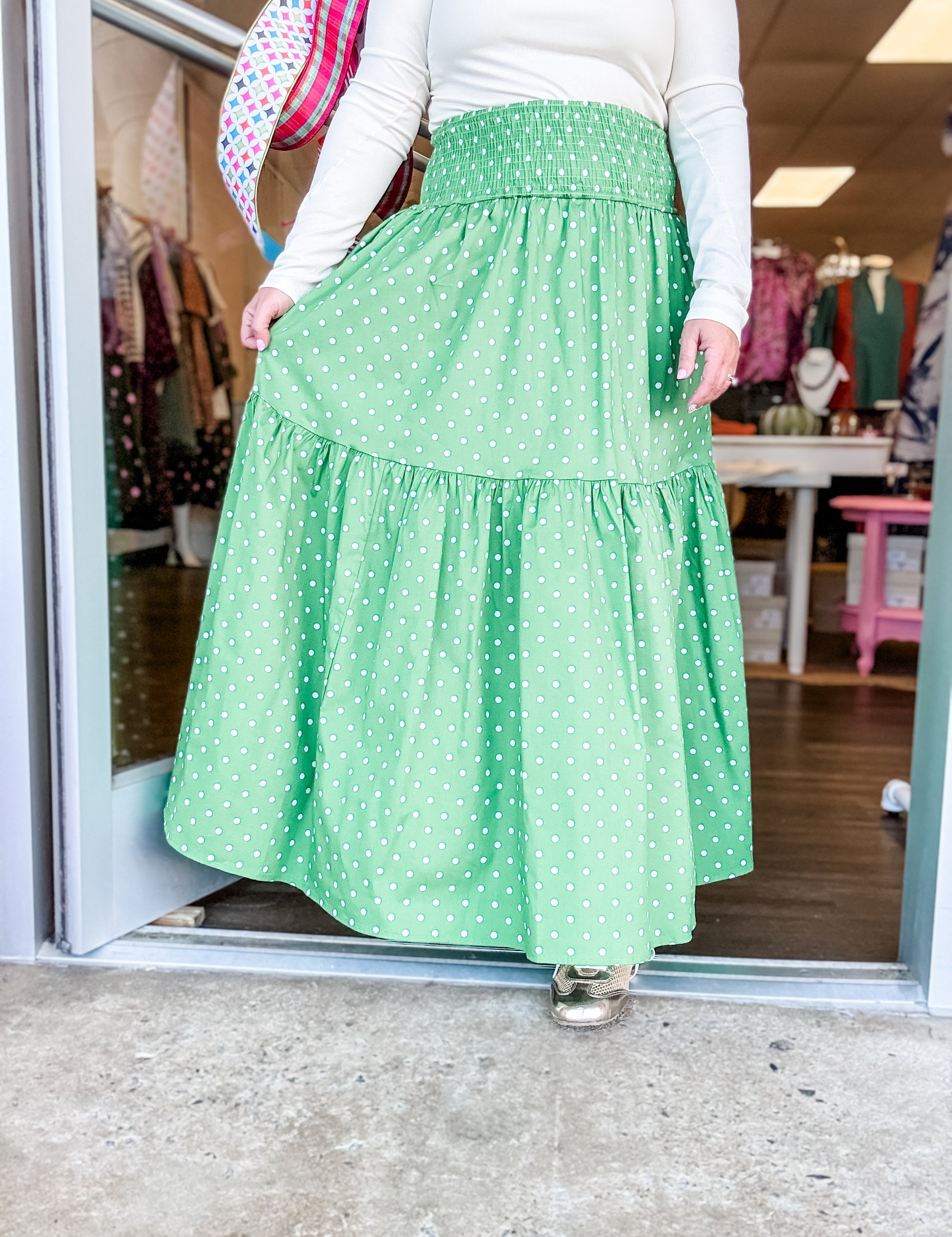 Forest Polka Dot Smocked Tiered Midi Skirt - Just a Small Town Girl
