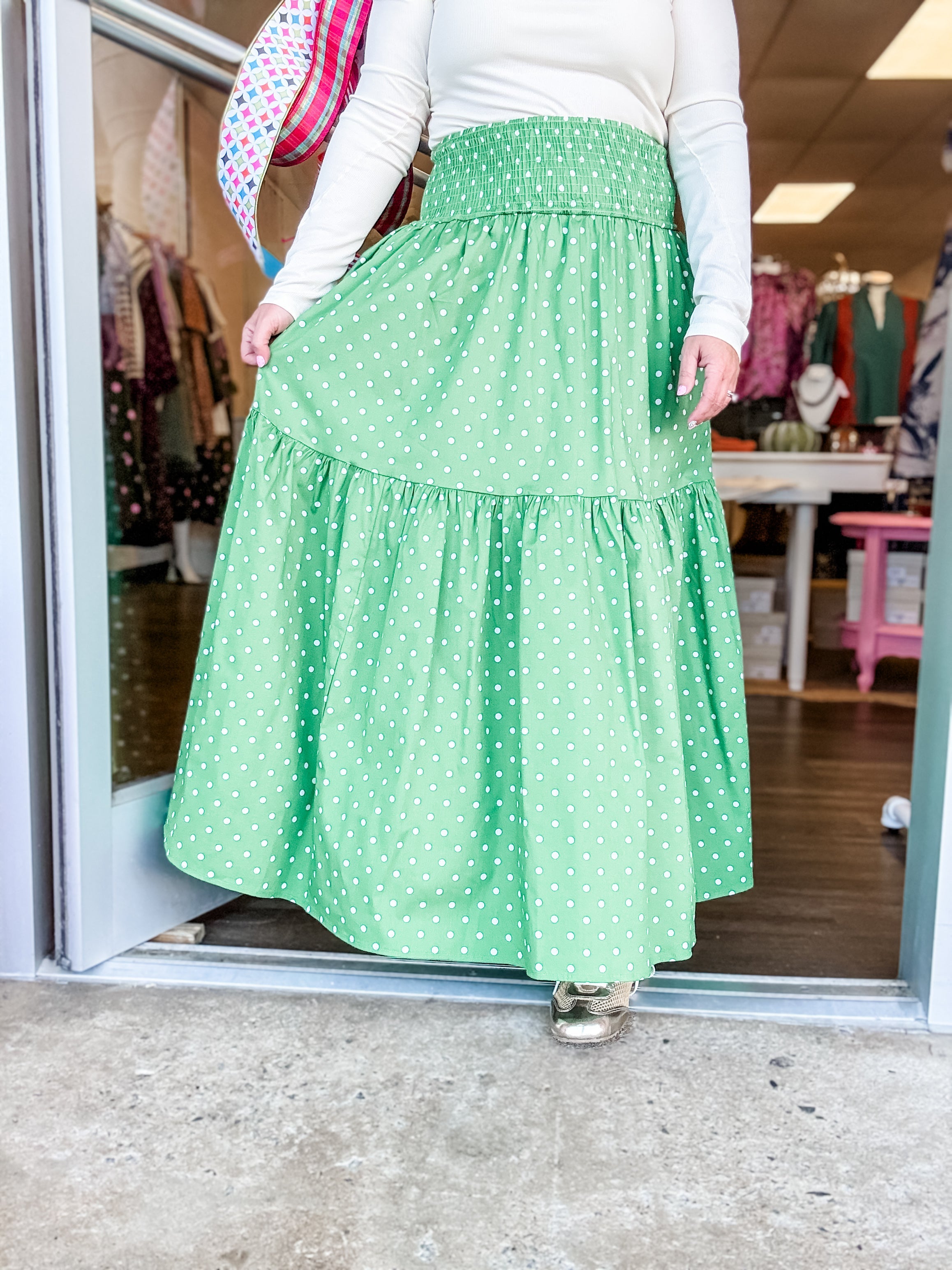Forest Polka Dot Smocked Tiered Midi Skirt - Just a Small Town Girl