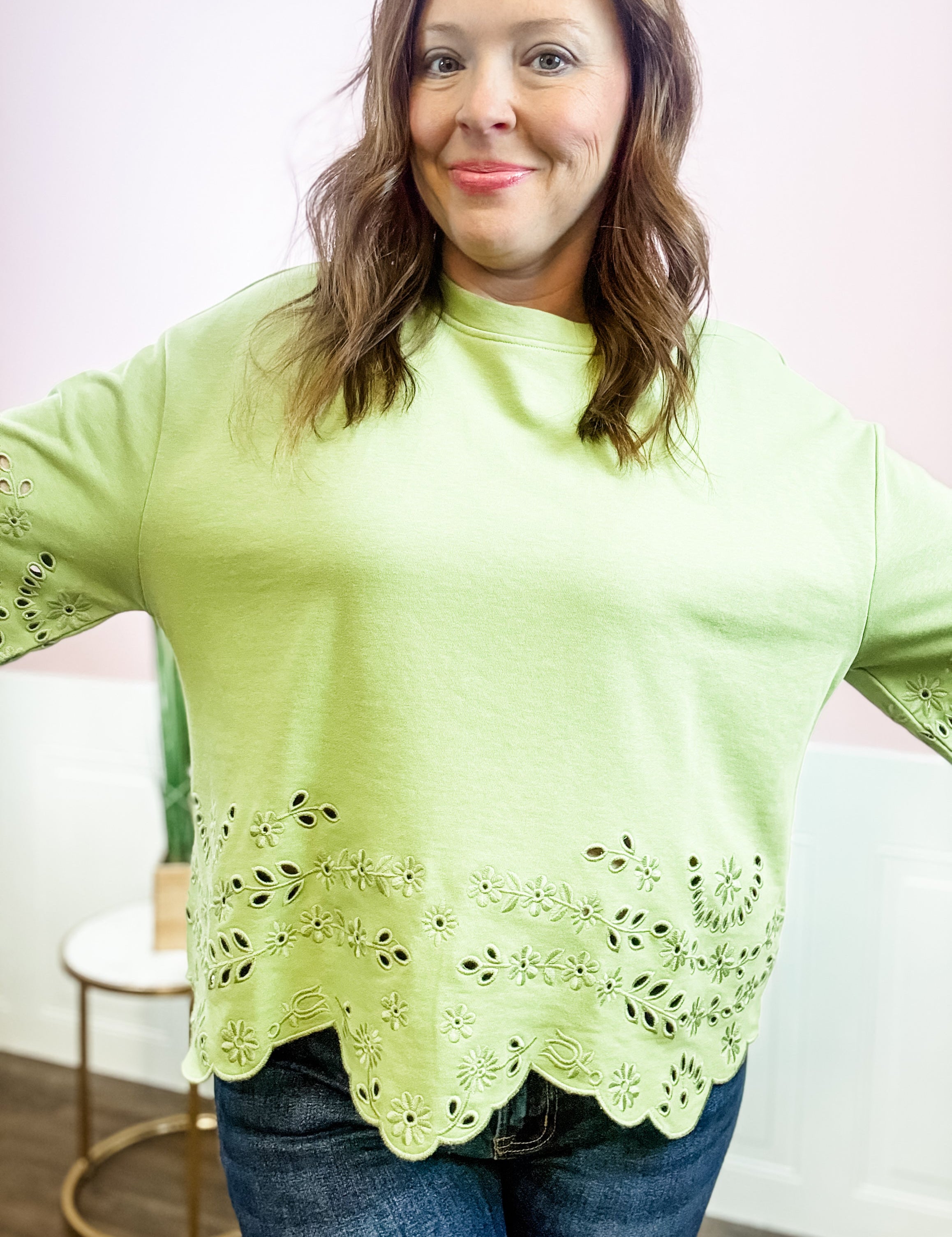 Grass Green Eyelet Trim Top - Just a Small Town Girl