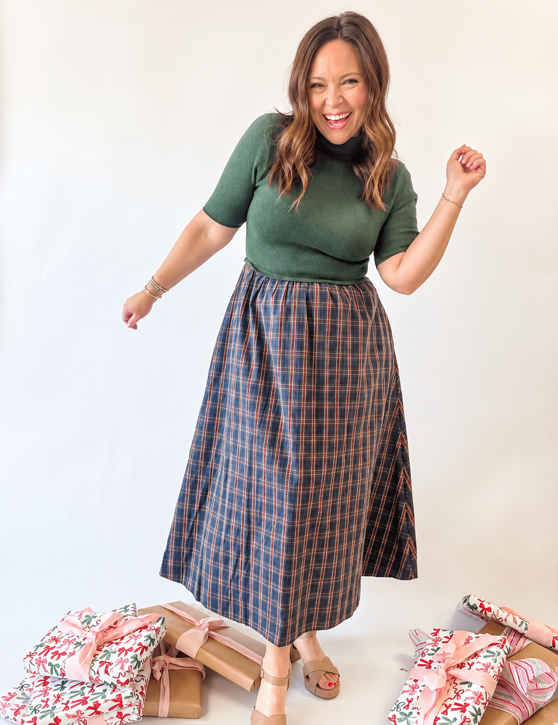 Green Knit Top Plaid Skirt Midi Dress - Just a Small Town Girl