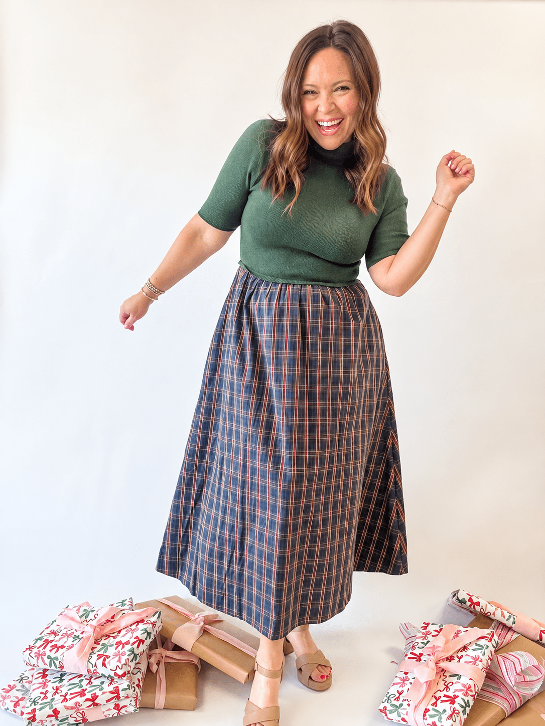 Green Knit Top Plaid Skirt Midi Dress - Just a Small Town Girl