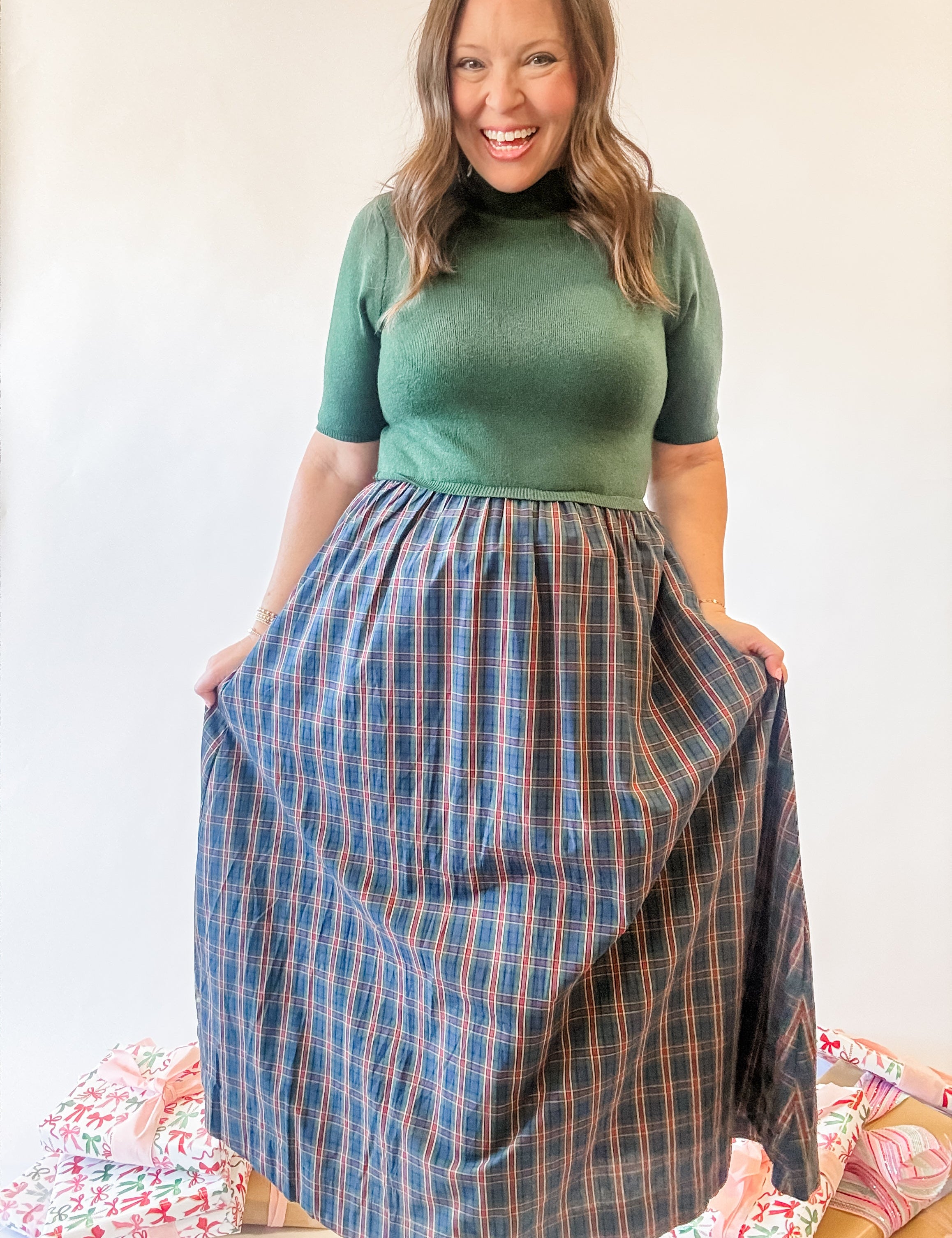 Green Knit Top Plaid Skirt Midi Dress - Just a Small Town Girl