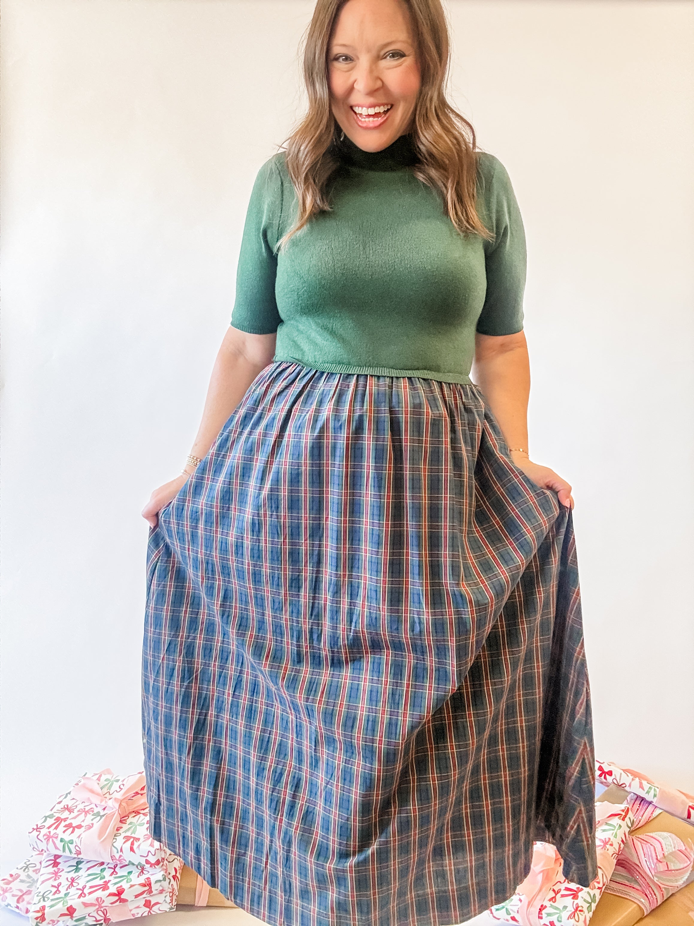 Green Knit Top Plaid Skirt Midi Dress - Just a Small Town Girl