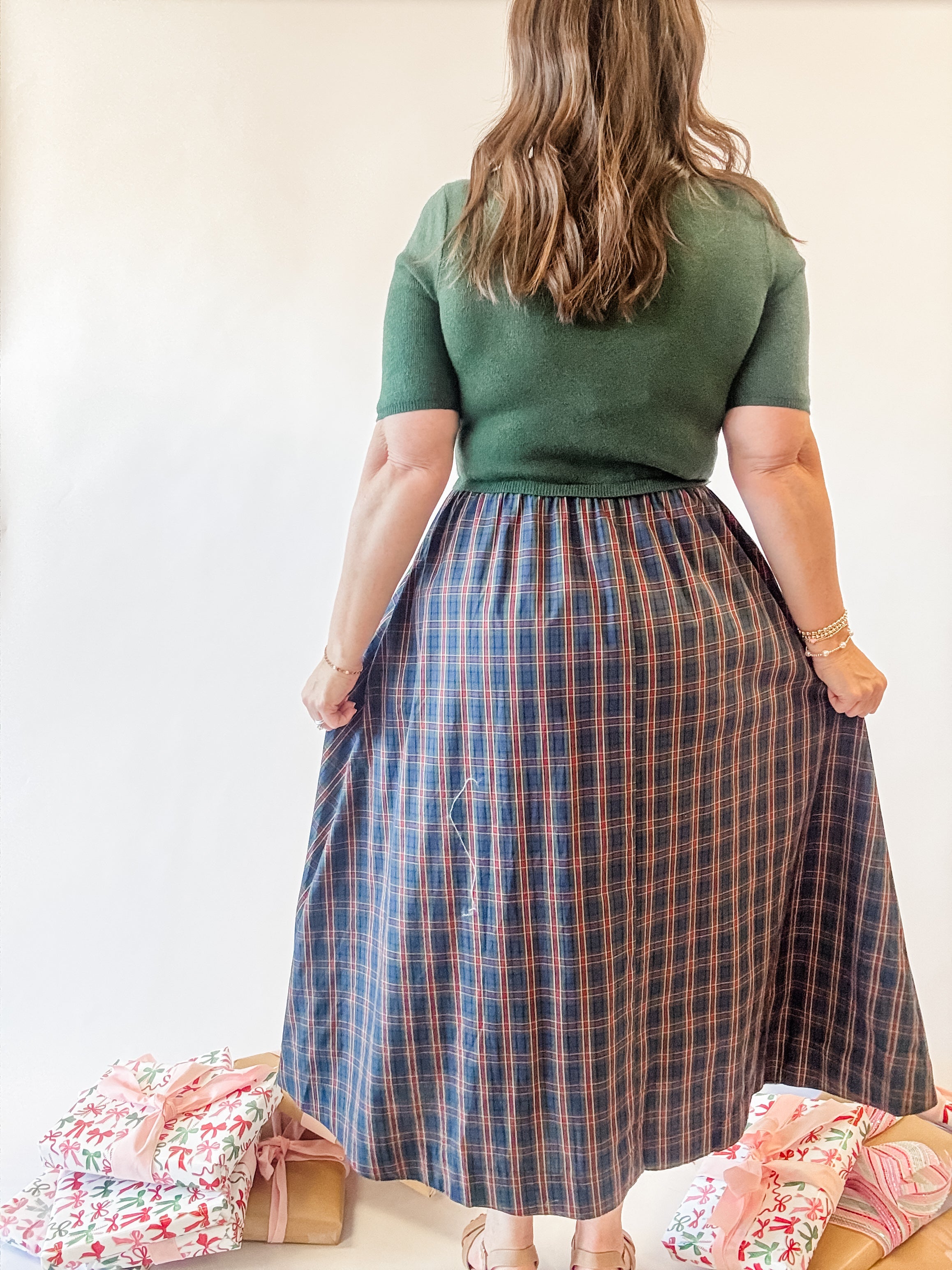 Green Knit Top Plaid Skirt Midi Dress - Just a Small Town Girl