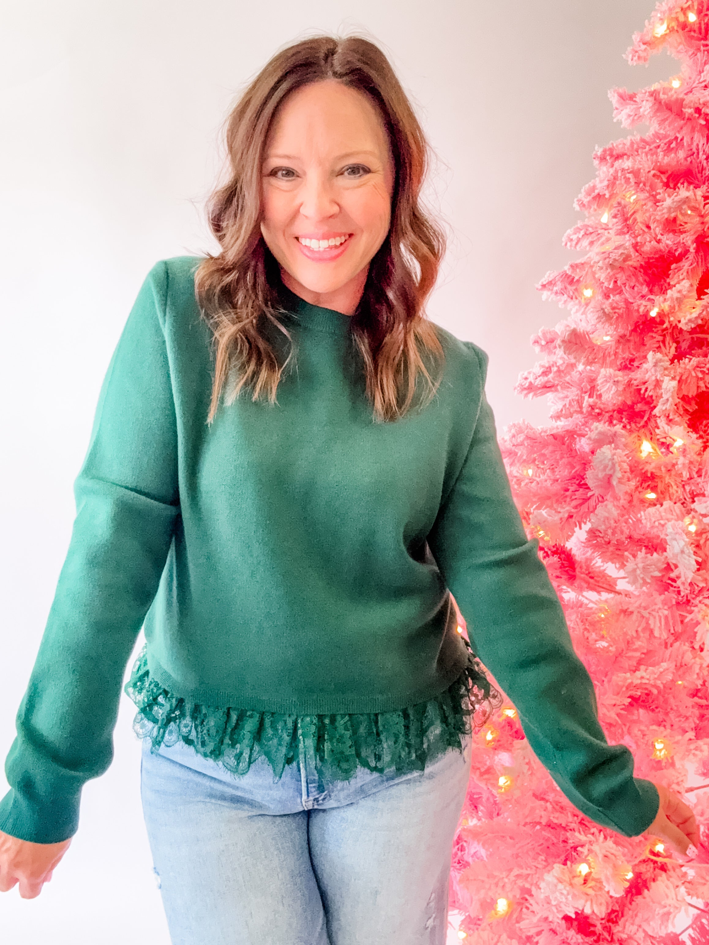 Green Lace Hem Sweater - Just a Small Town Girl