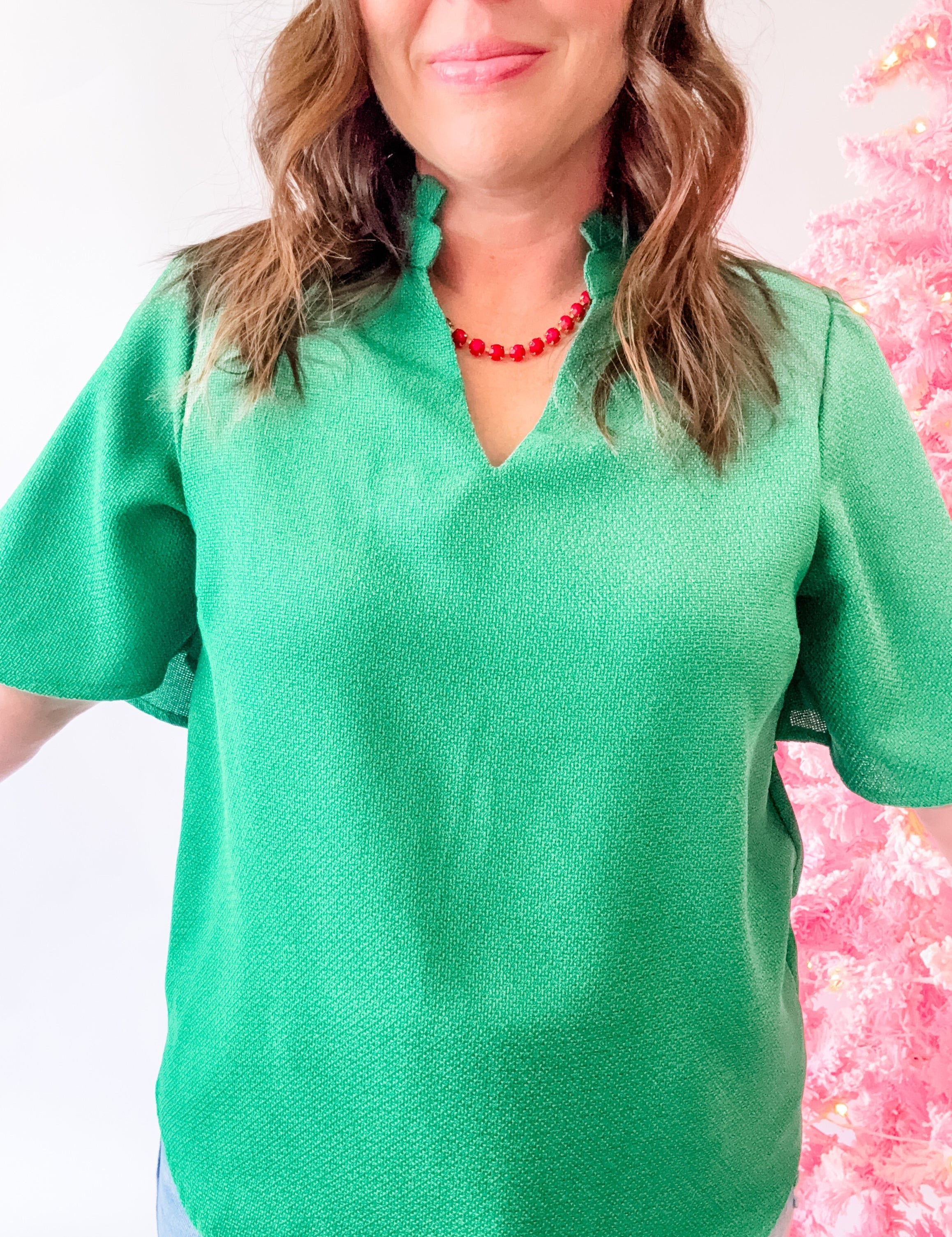 Green Ruffle Collar Flutter Sleeve Top - Just a Small Town Girl