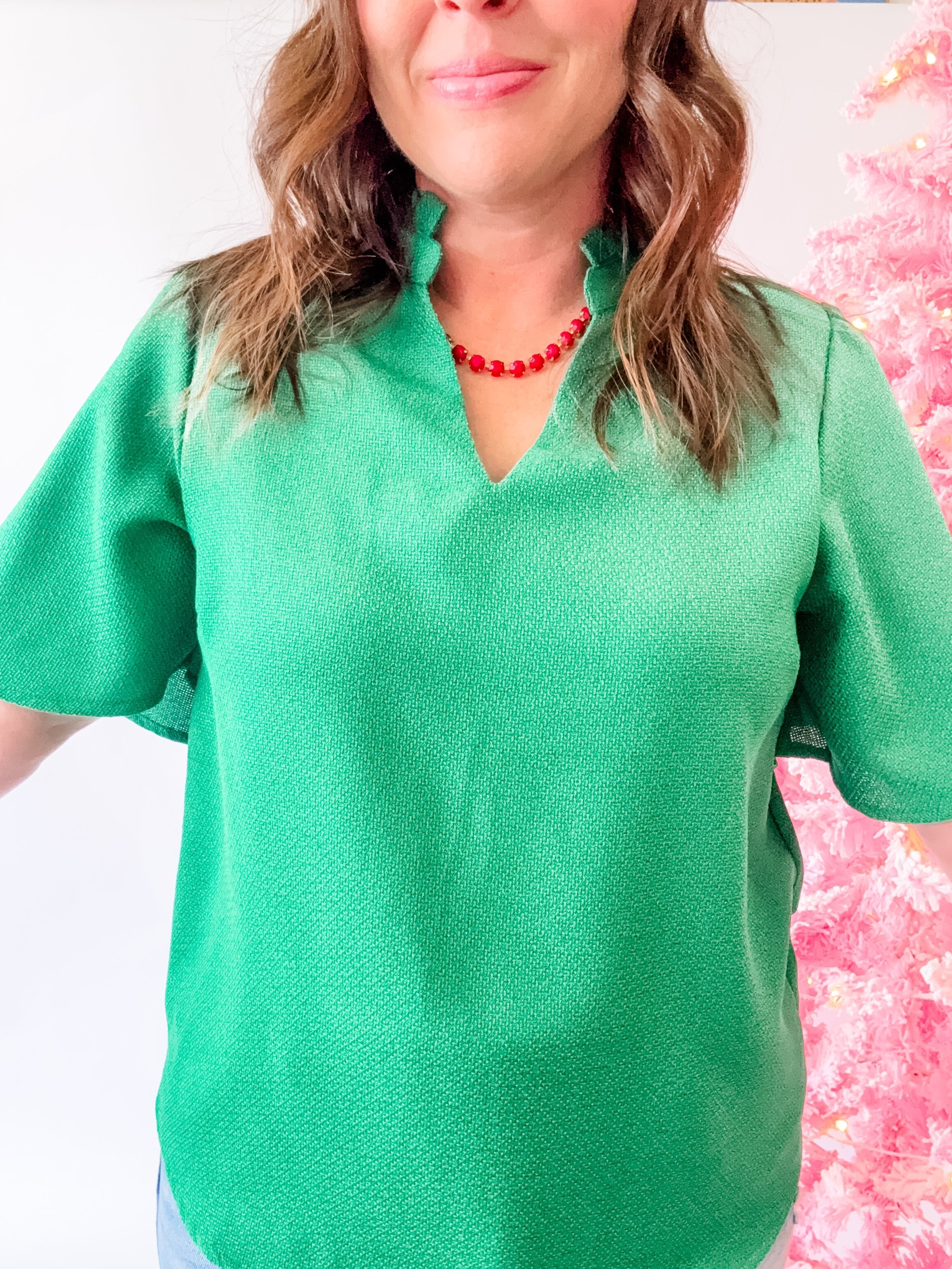 Green Ruffle Collar Flutter Sleeve Top - Just a Small Town Girl