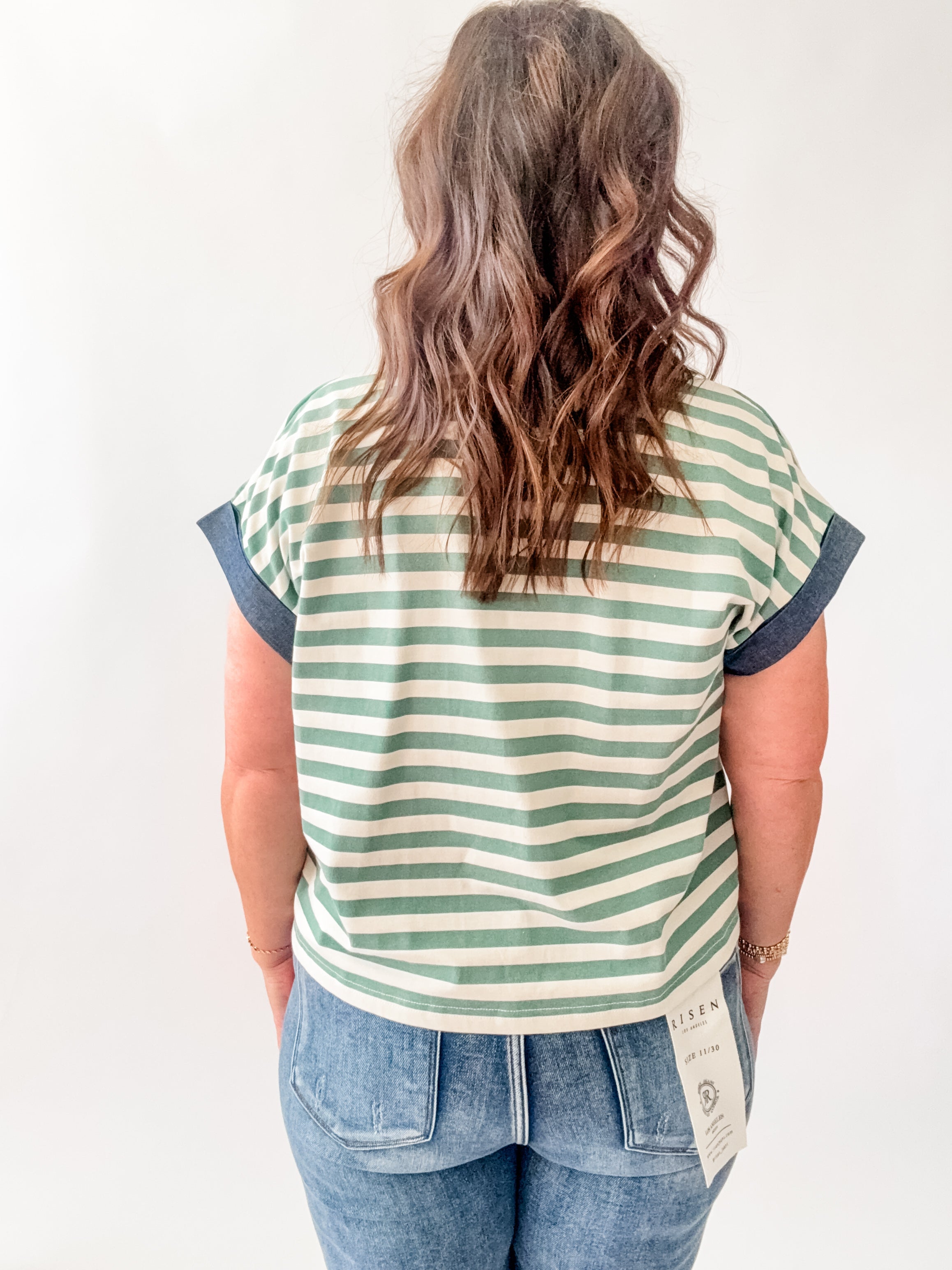 Green Stripe Denim Trim Polo - Just a Small Town Girl