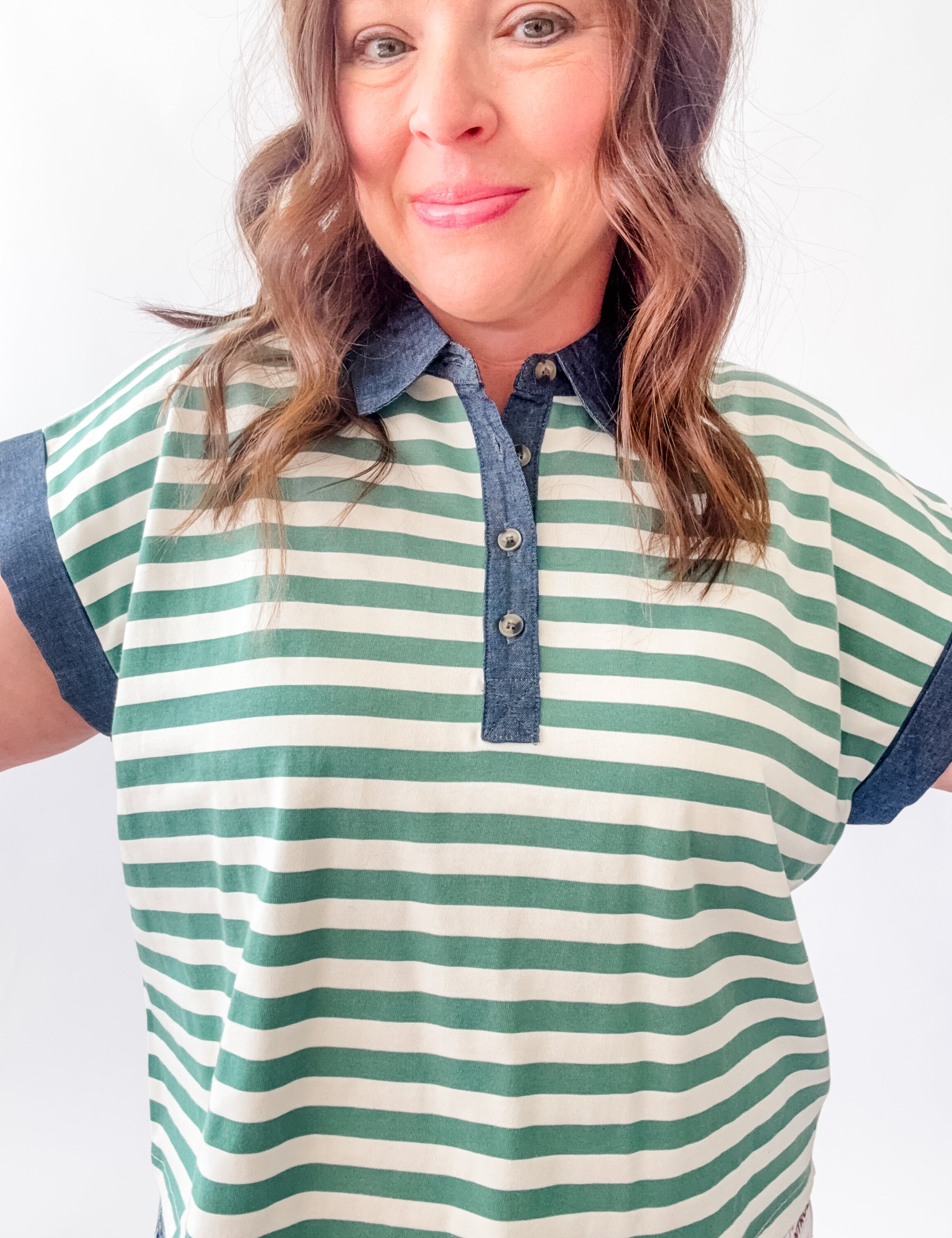 Green Stripe Denim Trim Polo - Just a Small Town Girl
