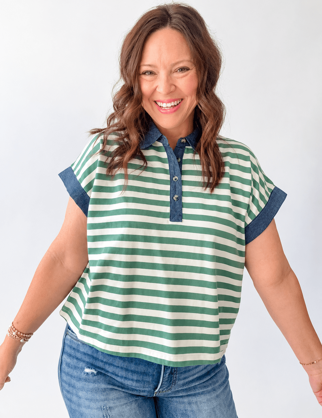 Green Stripe Denim Trim Polo - Just a Small Town Girl