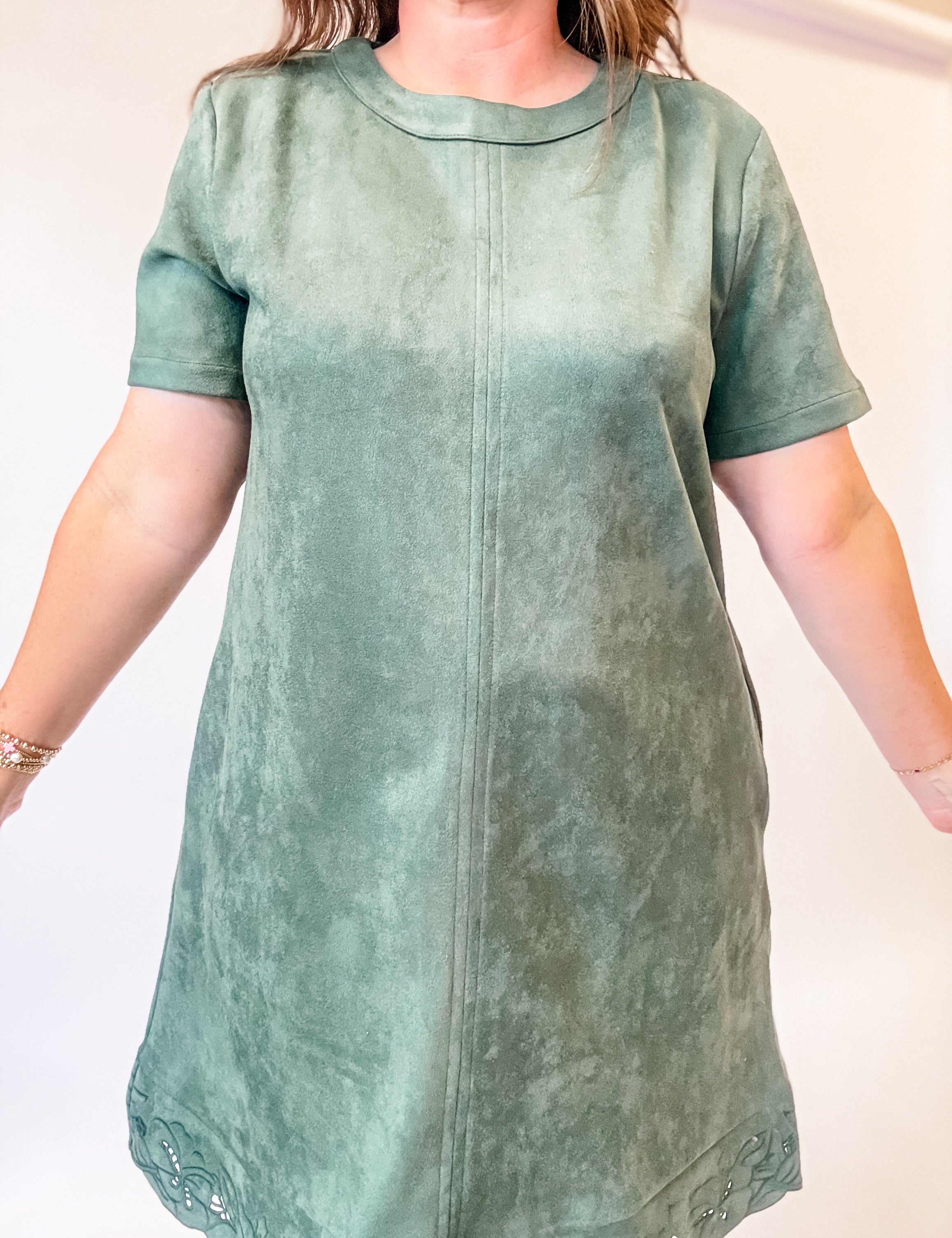 Green Suede Cutwork Dress - Just a Small Town Girl