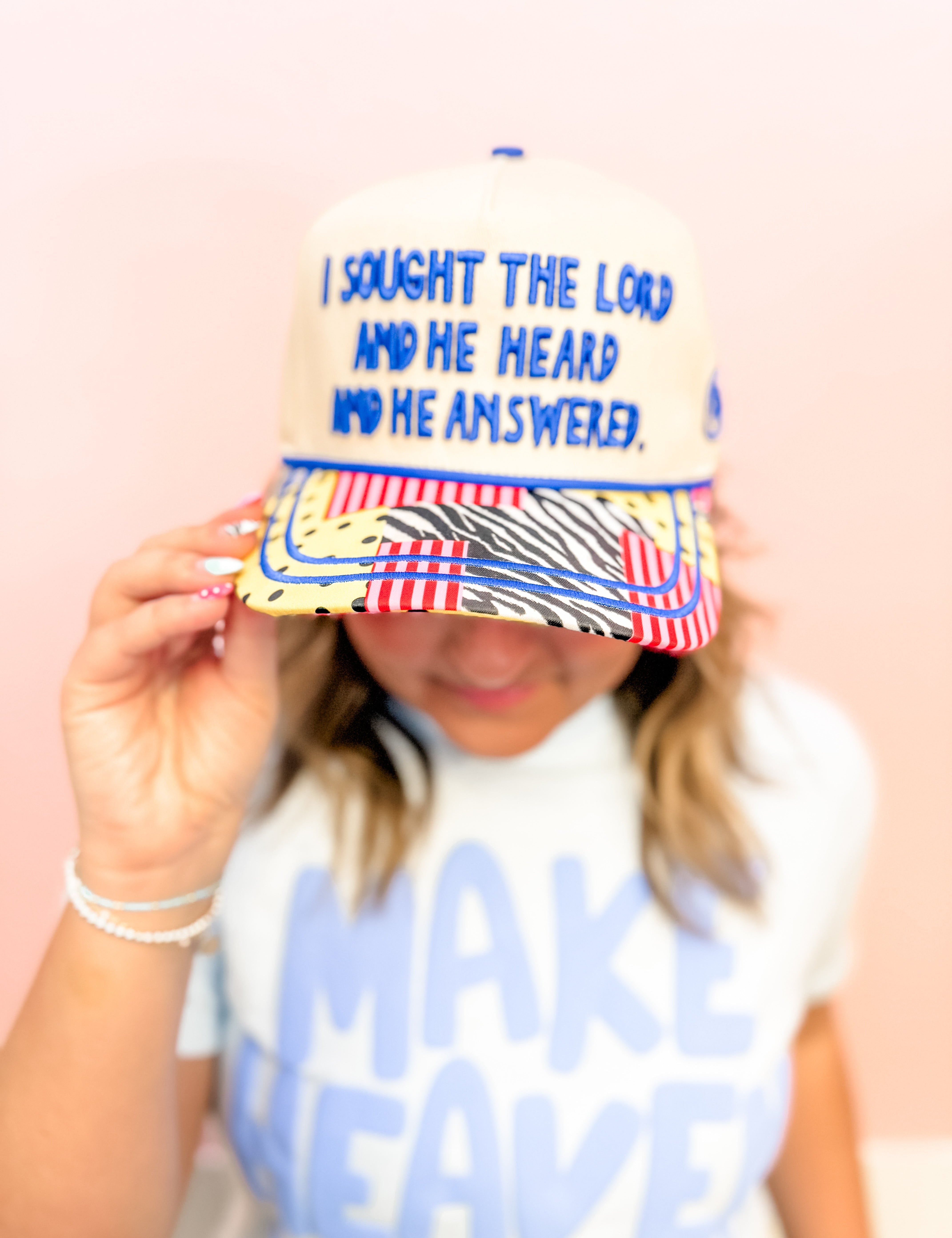 He Heard Me Patchwork Trucker Hat - Just a Small Town Girl