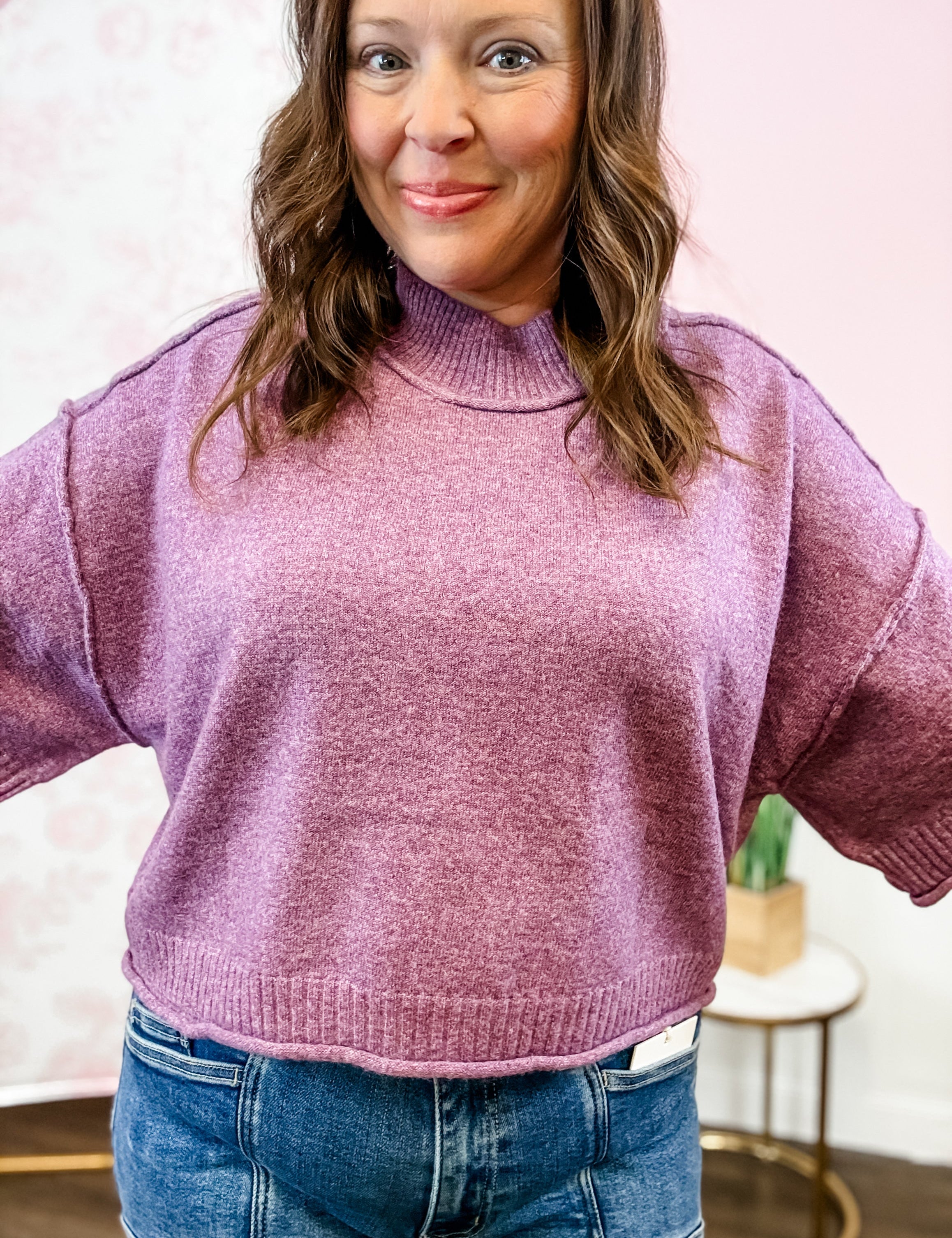Heathered Lilac Mock Neck Short Sleeve Sweater - Just a Small Town Girl