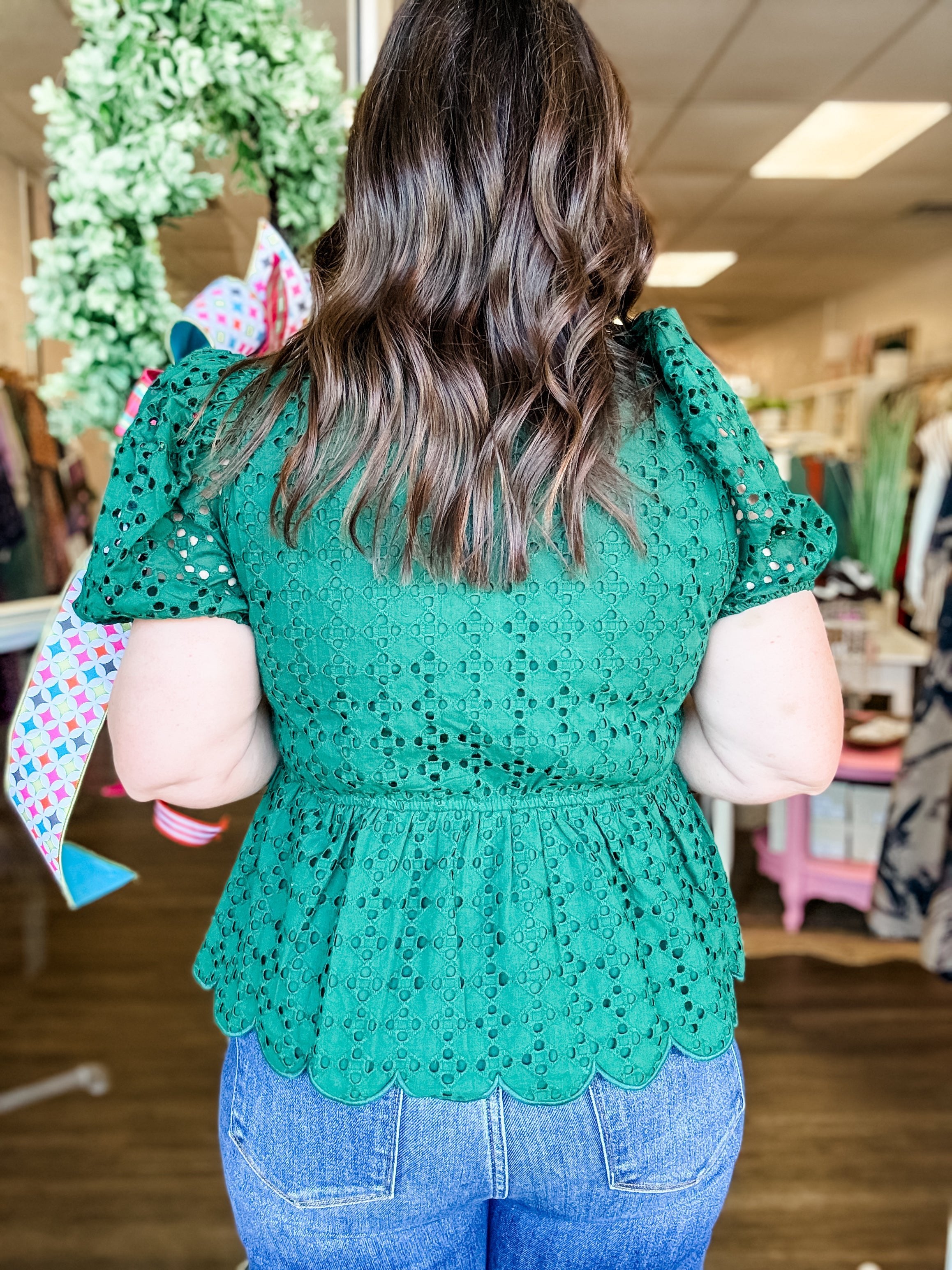 Hunter Green Eyelet Charm Top - Just a Small Town Girl