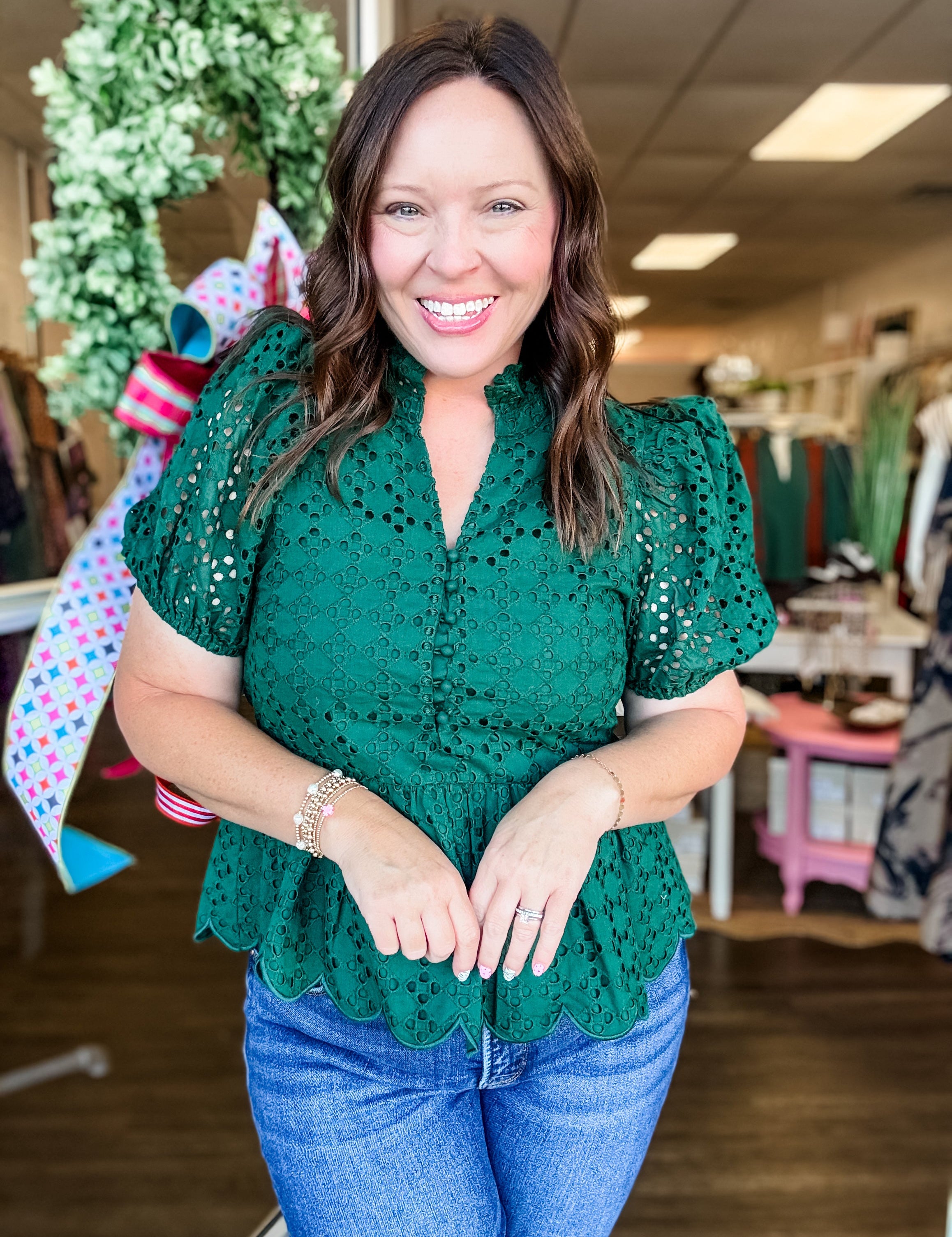 Hunter Green Eyelet Charm Top - Just a Small Town Girl