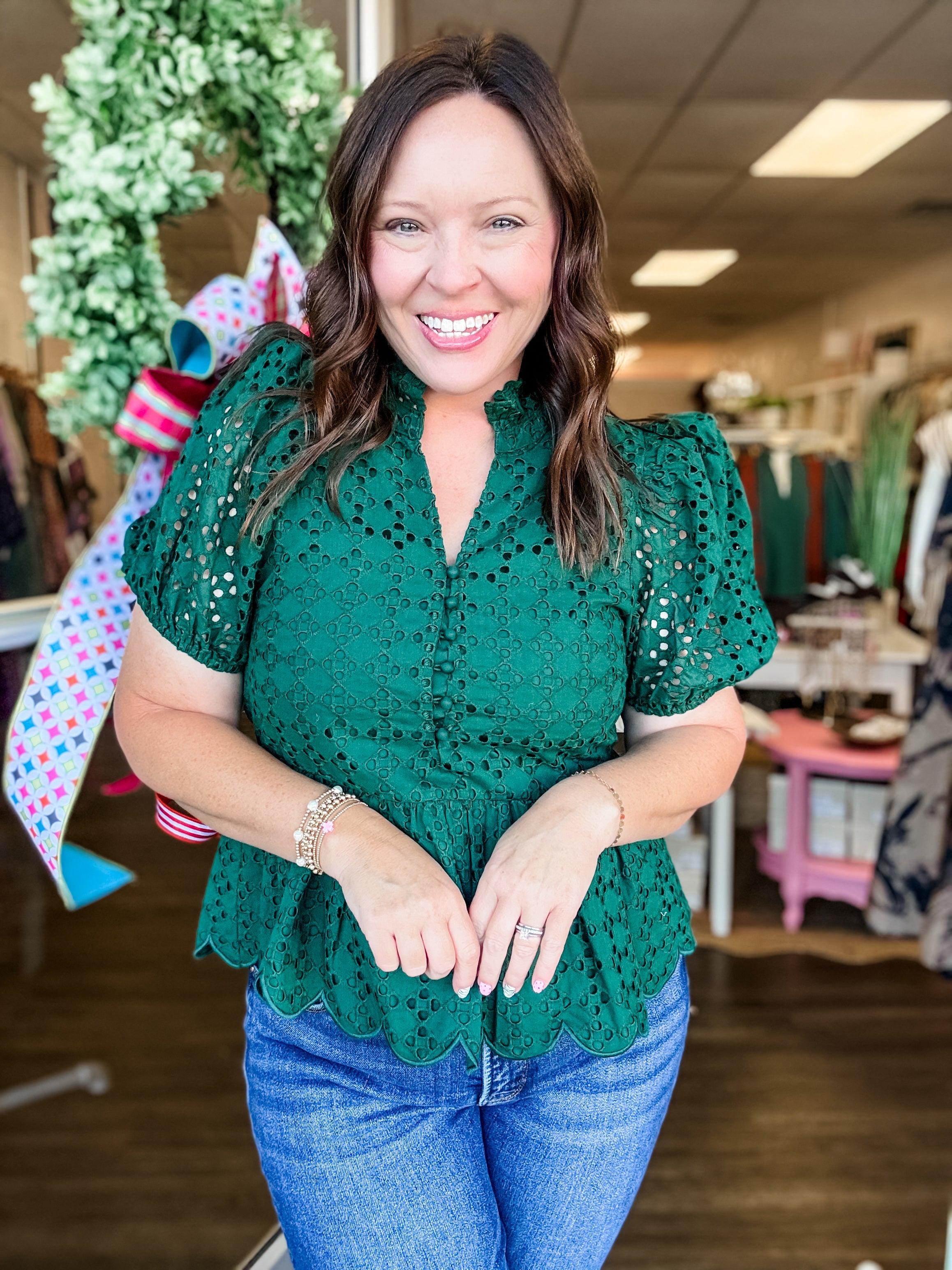 Hunter Green Eyelet Charm Top - Just a Small Town Girl