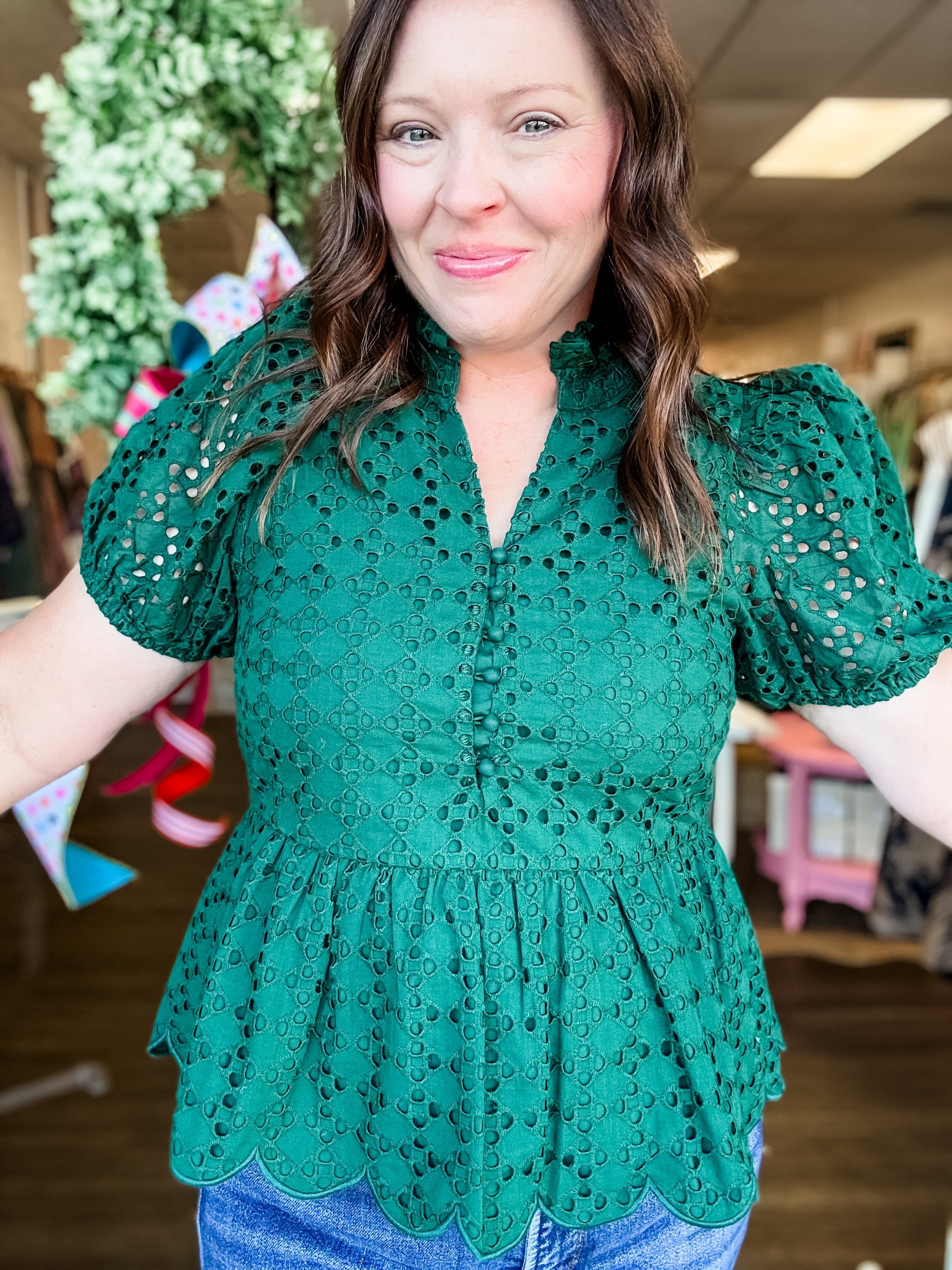 Hunter Green Eyelet Charm Top - Just a Small Town Girl