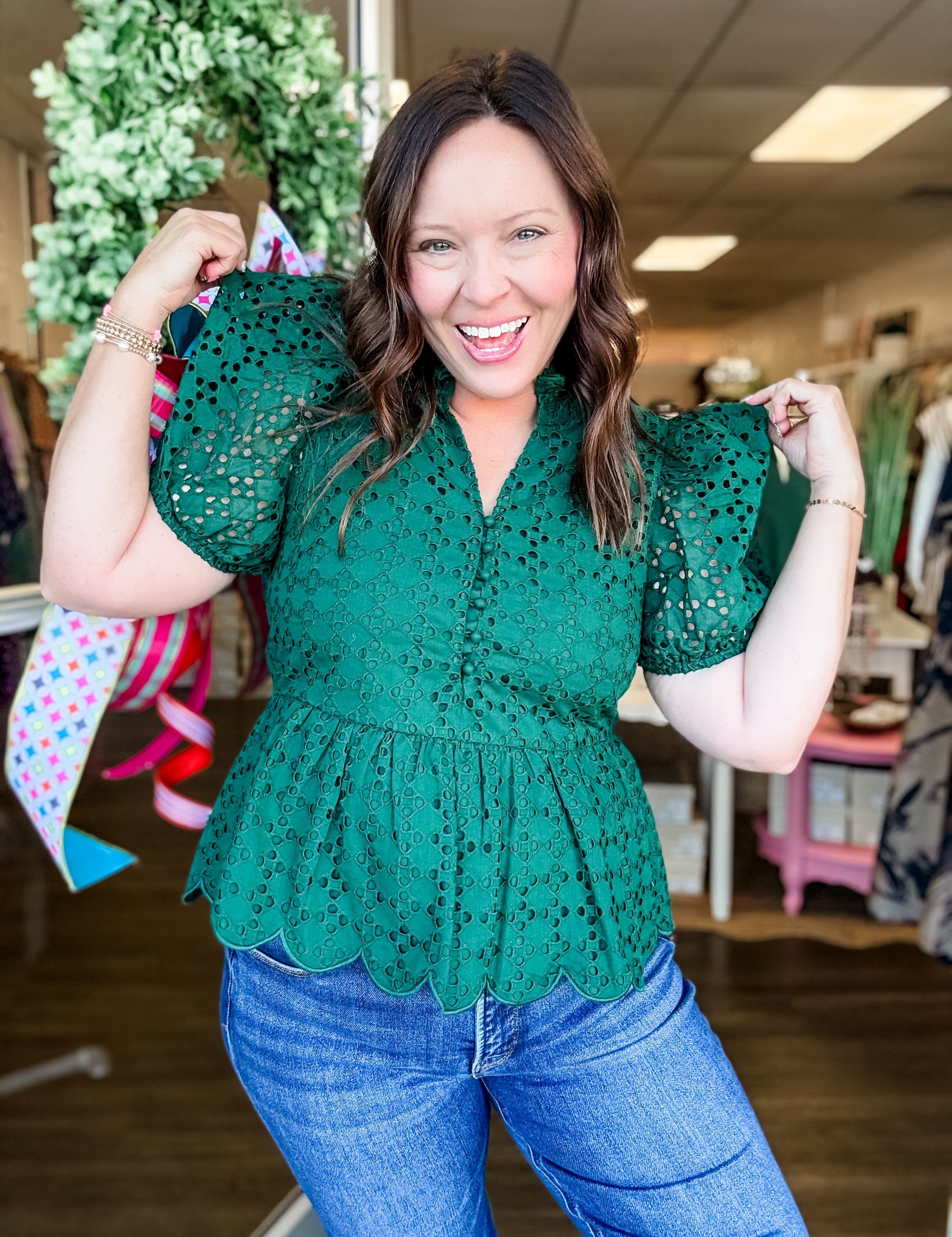Hunter Green Eyelet Charm Top - Just a Small Town Girl