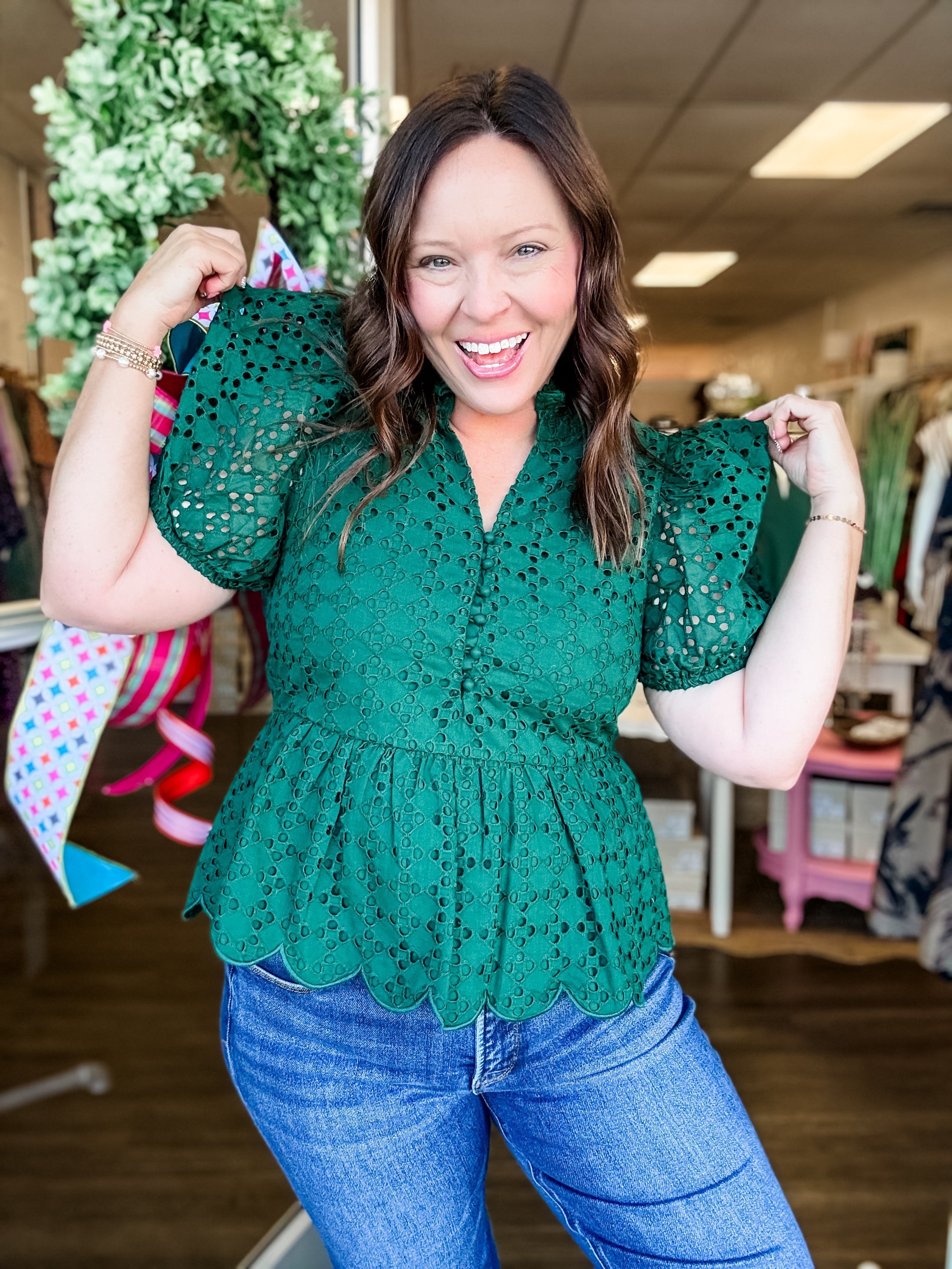 Hunter Green Eyelet Charm Top - Just a Small Town Girl