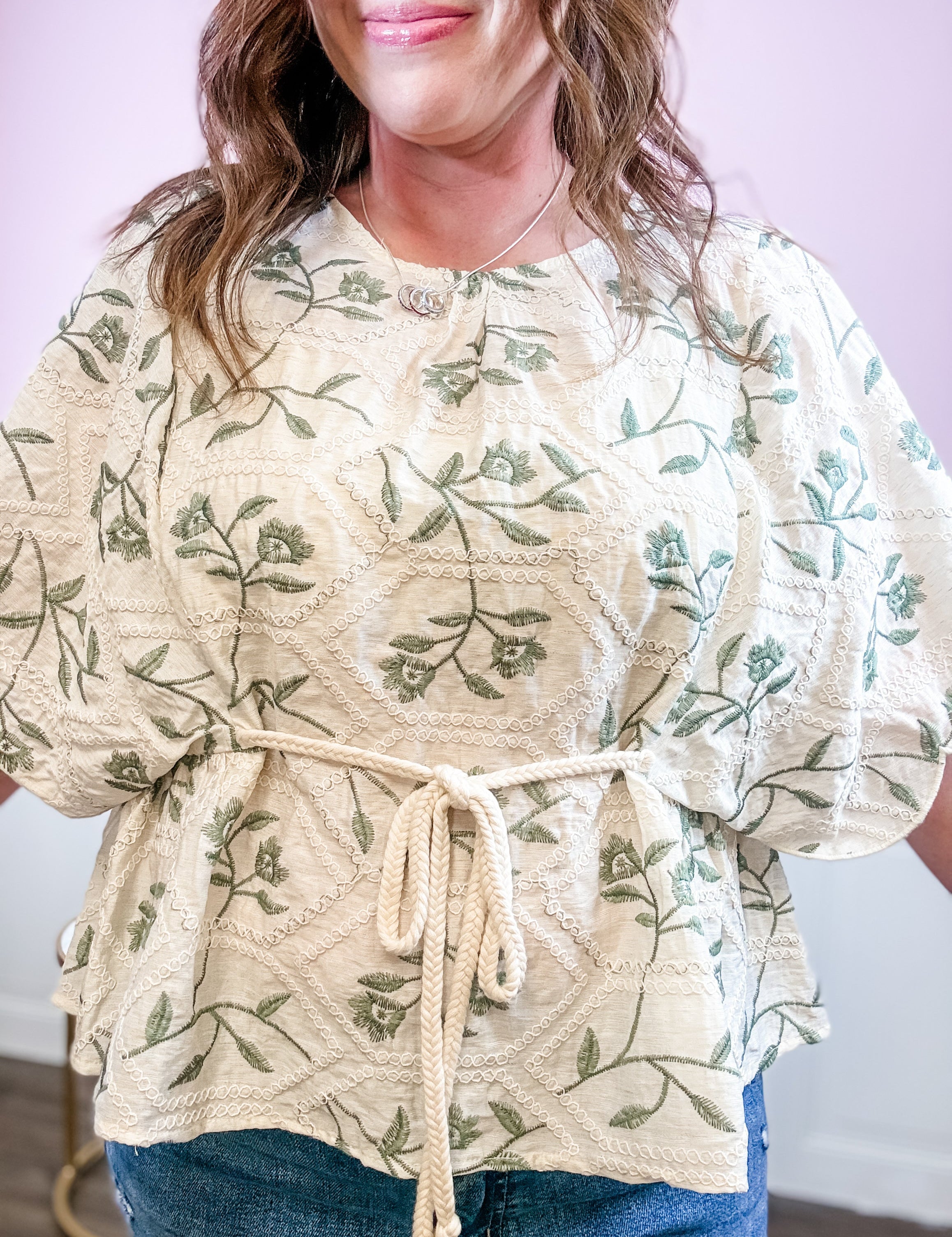 Ivory Floral Embroidered Drawstring Top - Just a Small Town Girl