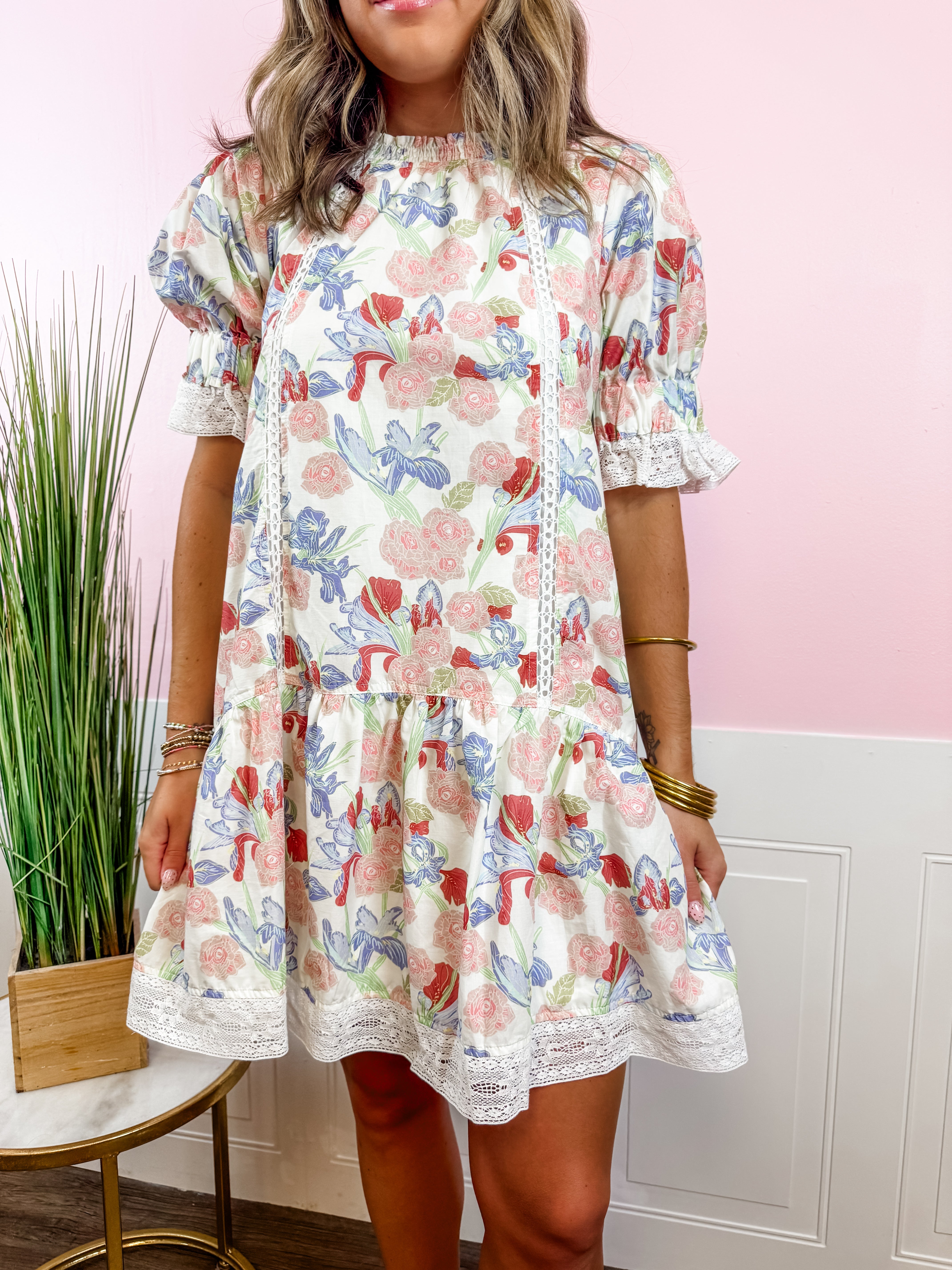 Ivory Floral Lace Trim Dress - Just a Small Town Girl