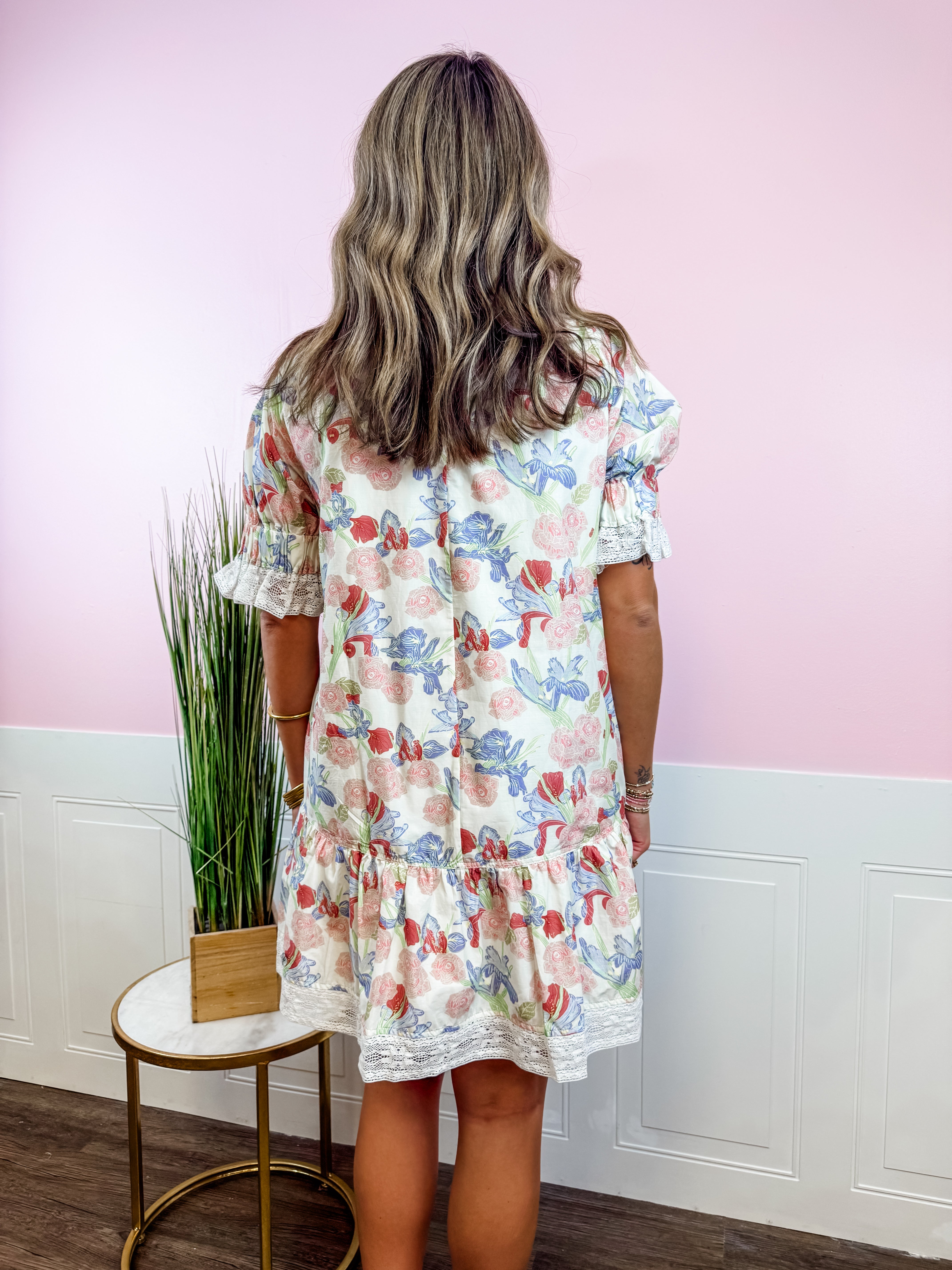 Ivory Floral Lace Trim Dress - Just a Small Town Girl