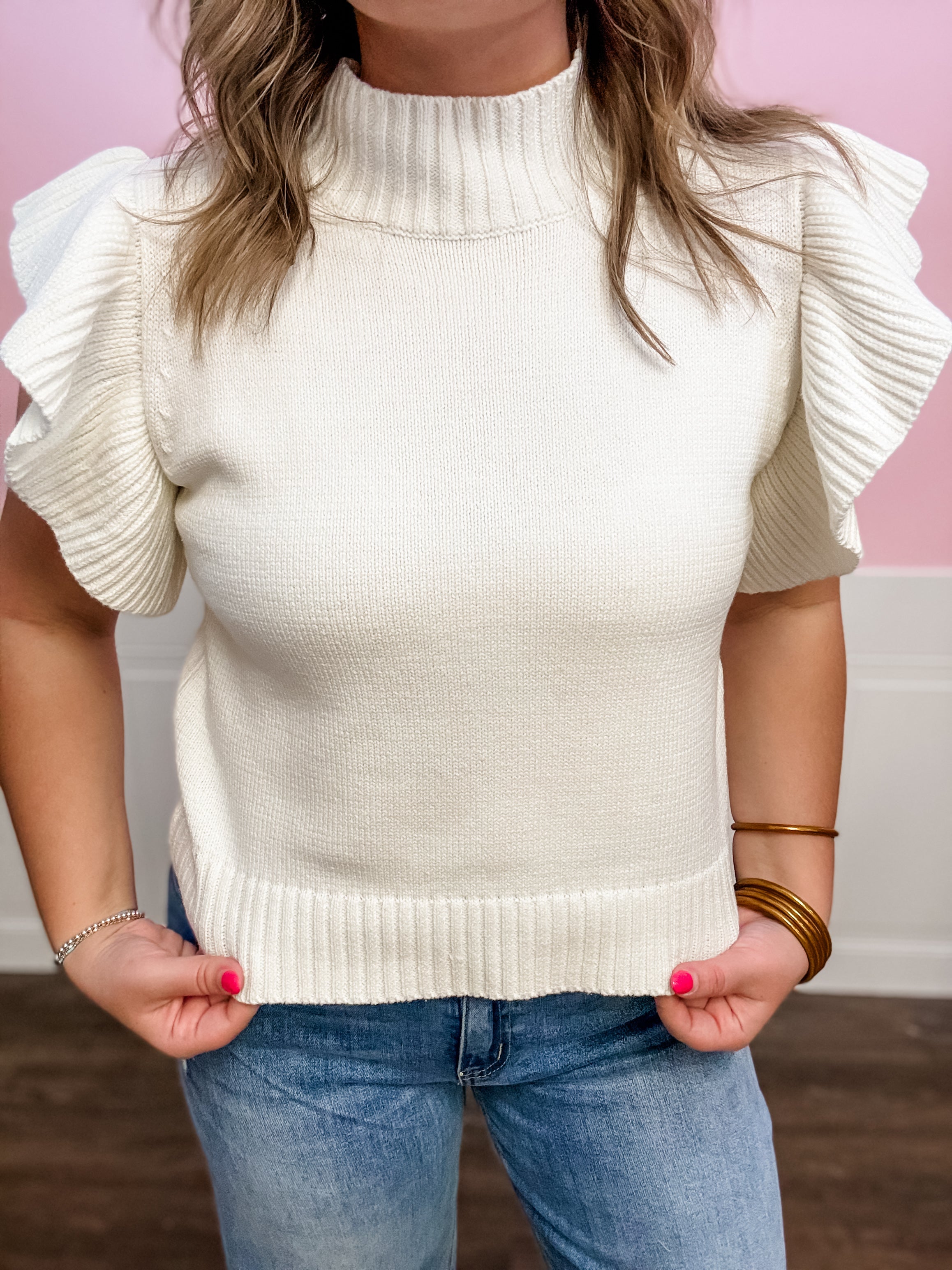 Ivory Ruffle Mock Neck Knit Top - Just a Small Town Girl