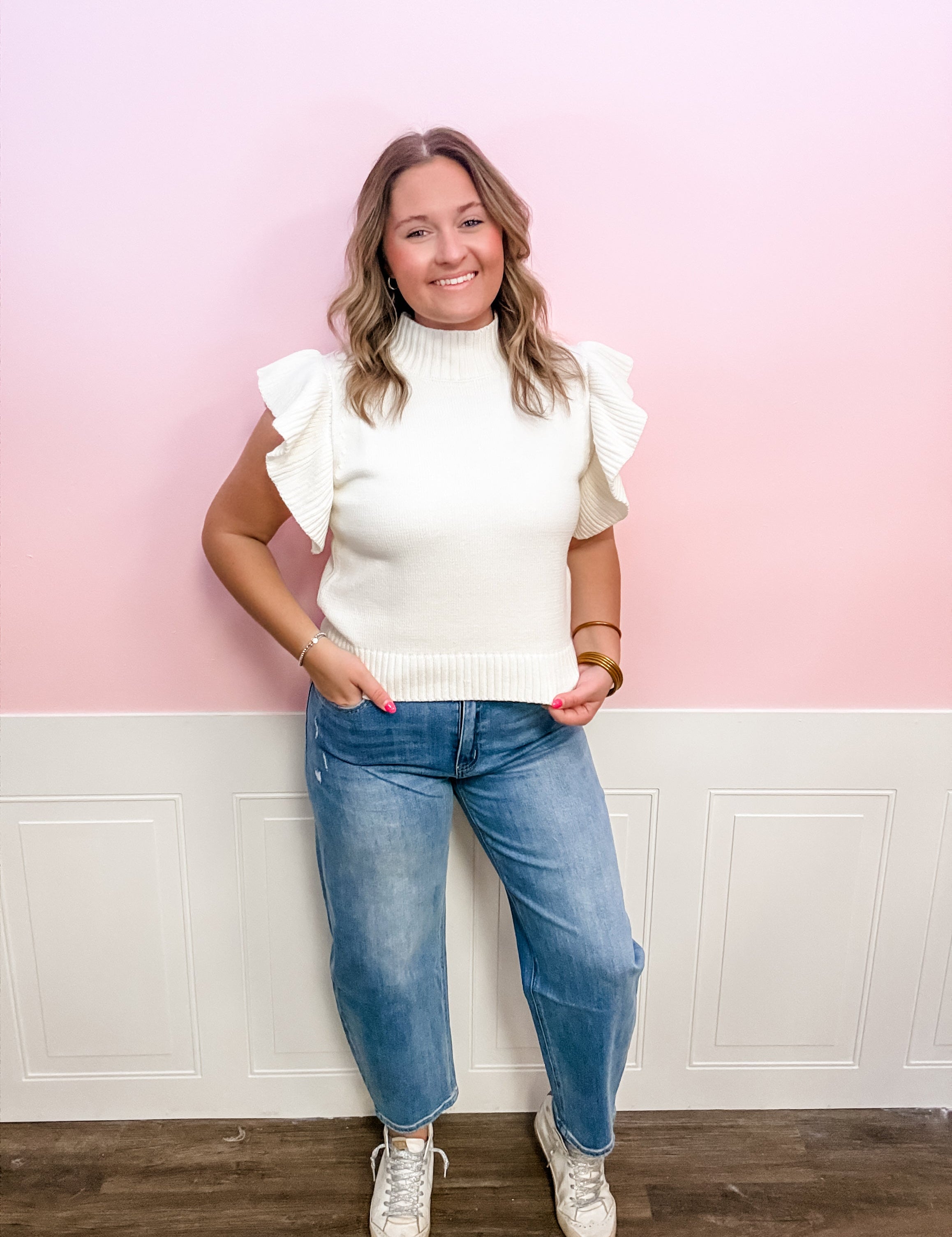 Ivory Ruffle Mock Neck Knit Top - Just a Small Town Girl
