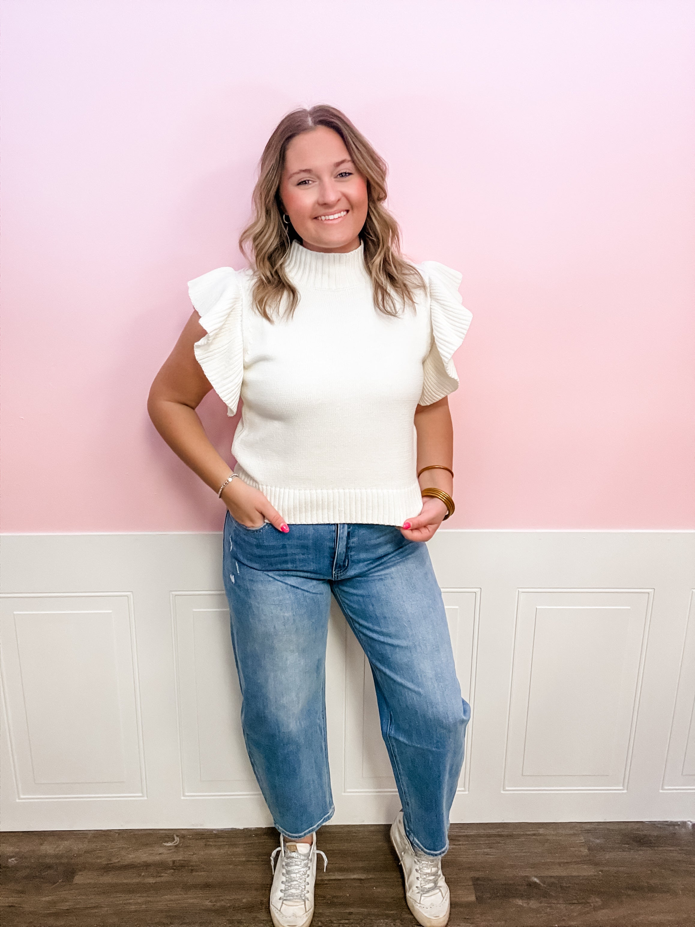 Ivory Ruffle Mock Neck Knit Top - Just a Small Town Girl