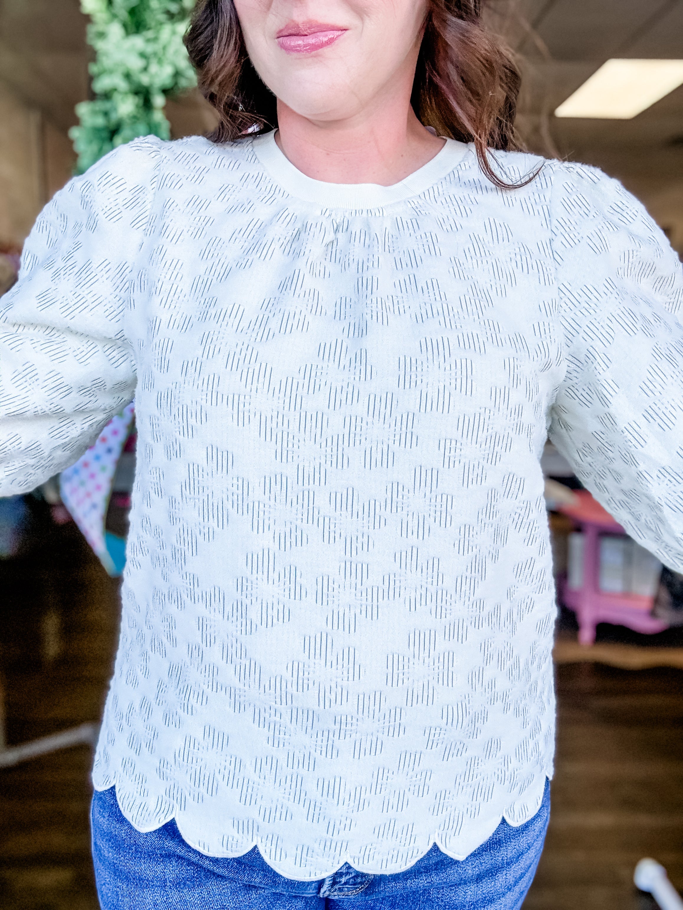 Ivory Textured Scallop Hem Puff Sleeve Top - Just a Small Town Girl