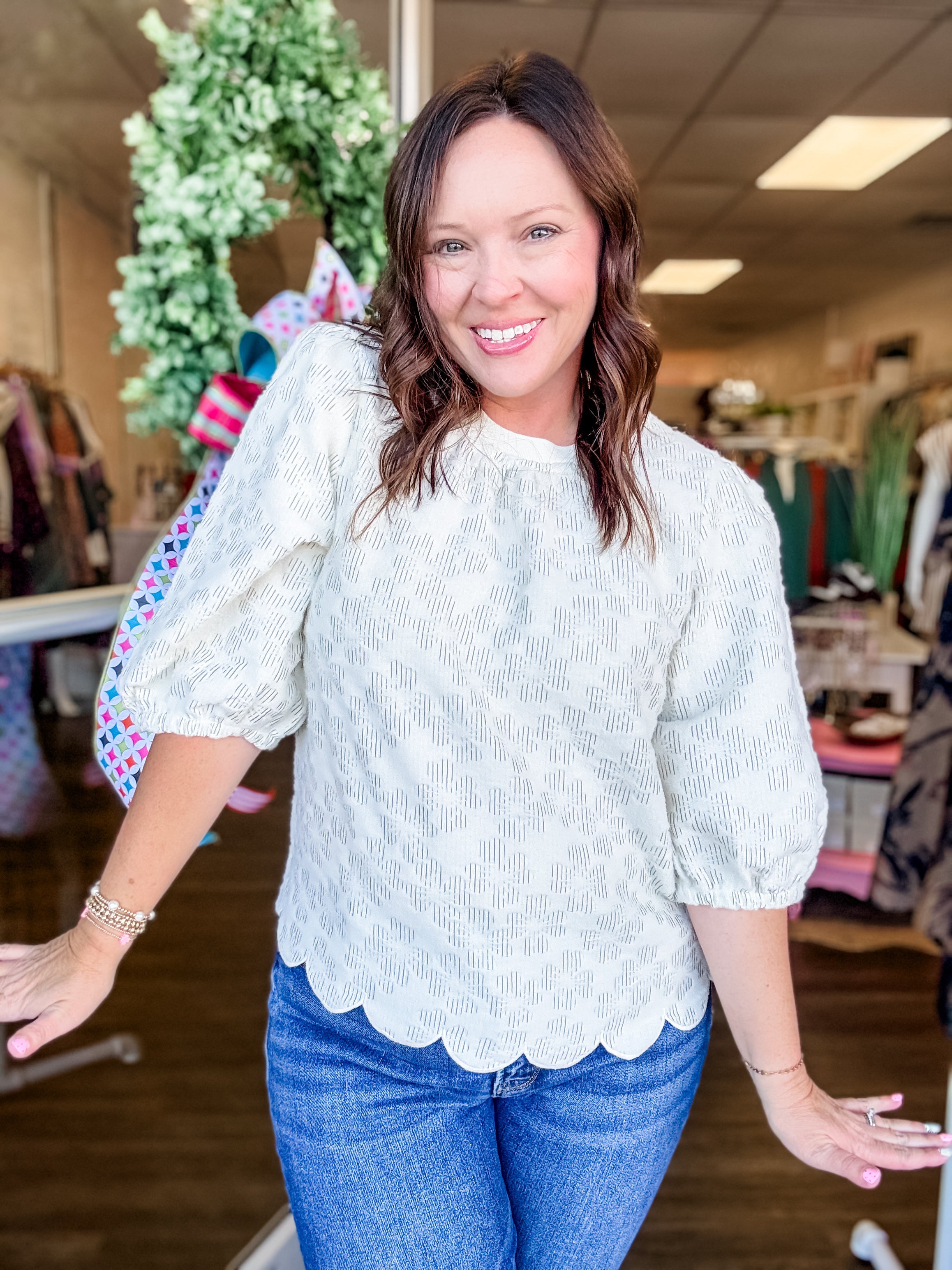 Ivory Textured Scallop Hem Puff Sleeve Top - Just a Small Town Girl