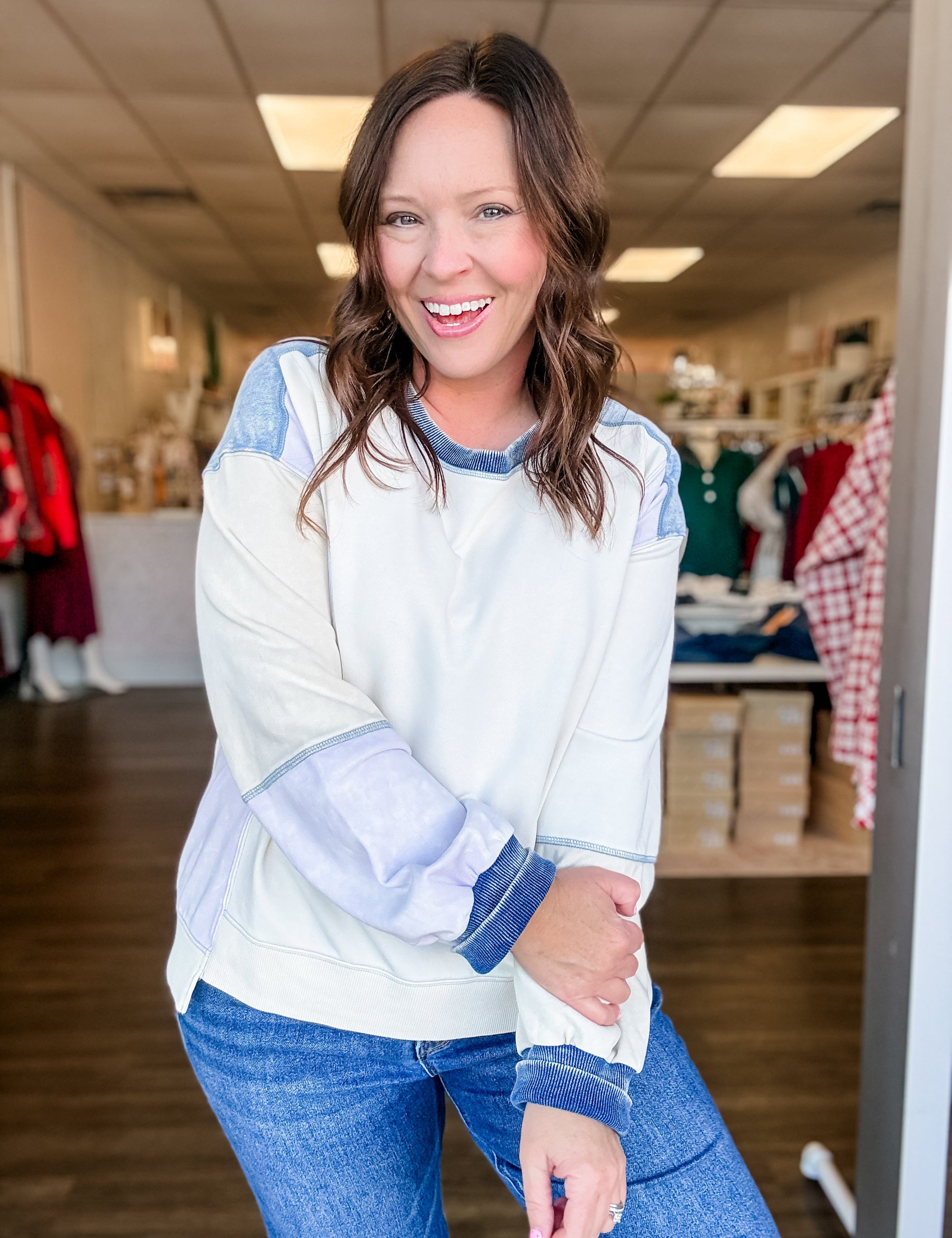 Ivory Washed Colorblock Pullover - Just a Small Town Girl