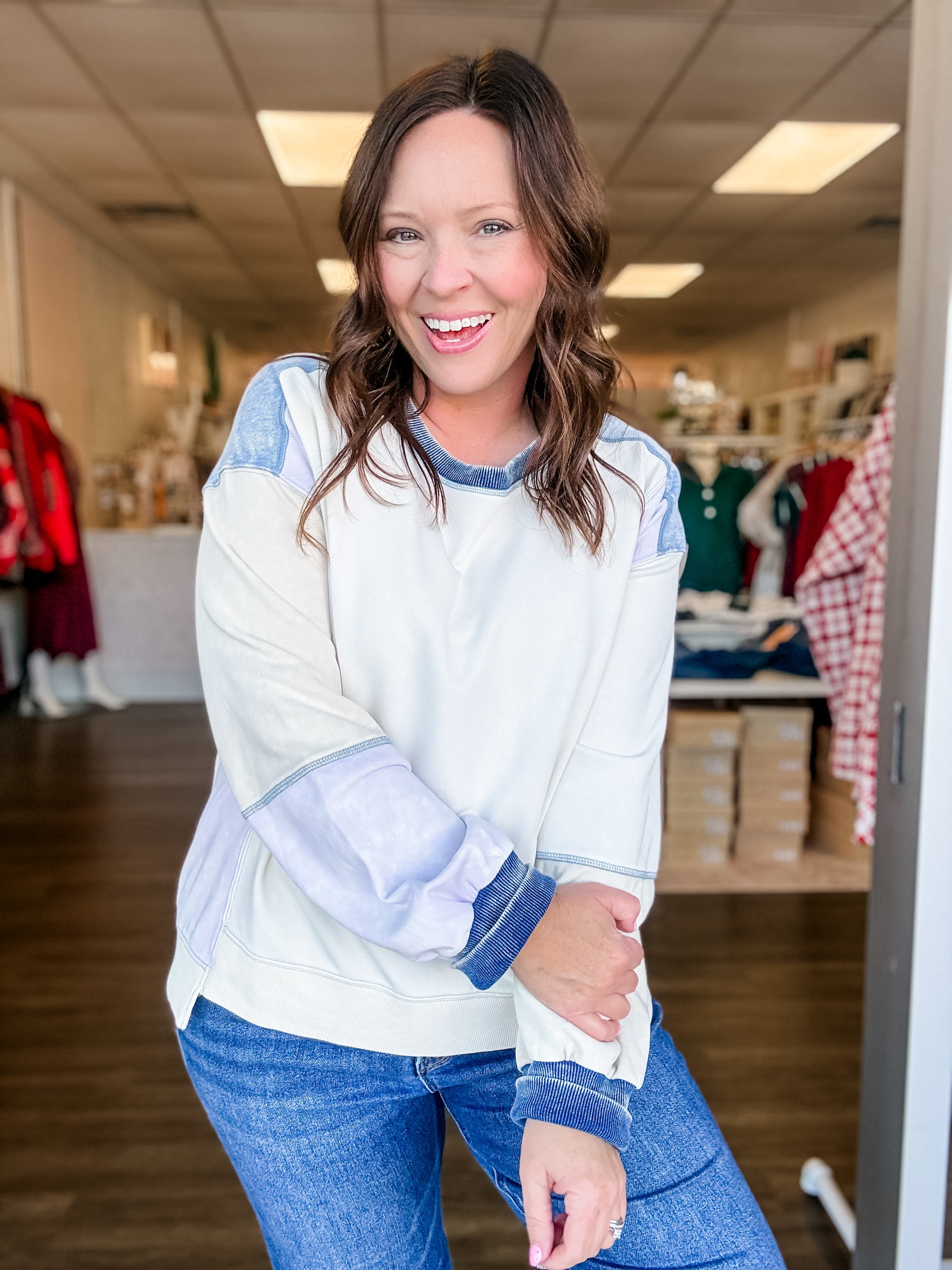 Ivory Washed Colorblock Pullover - Just a Small Town Girl