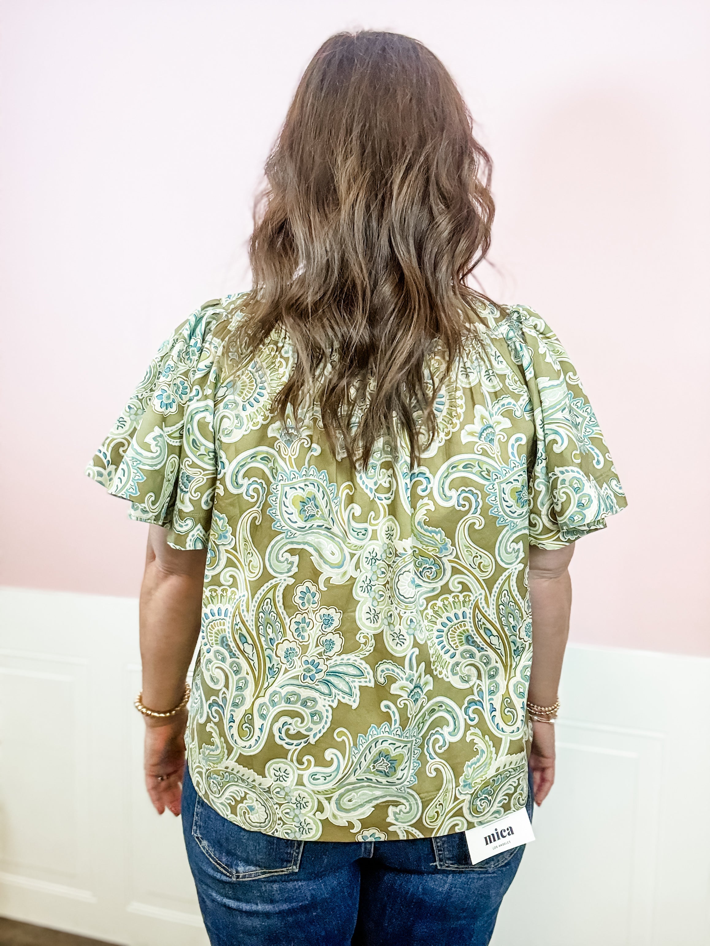 Khaki Paisley Ruffle Collar Top - Just a Small Town Girl