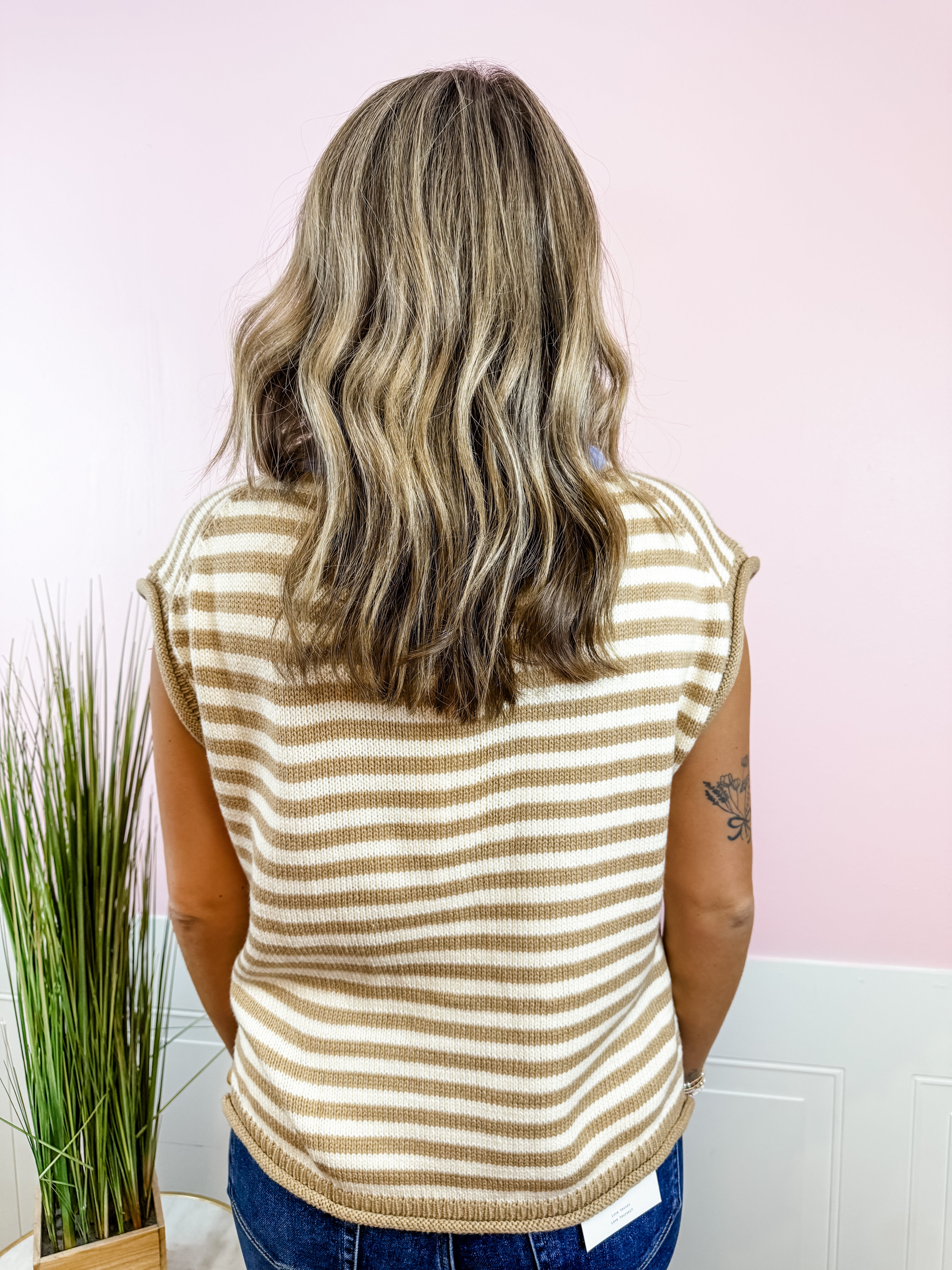 Khaki Stripe Blue Collar Sweater Top - Just a Small Town Girl