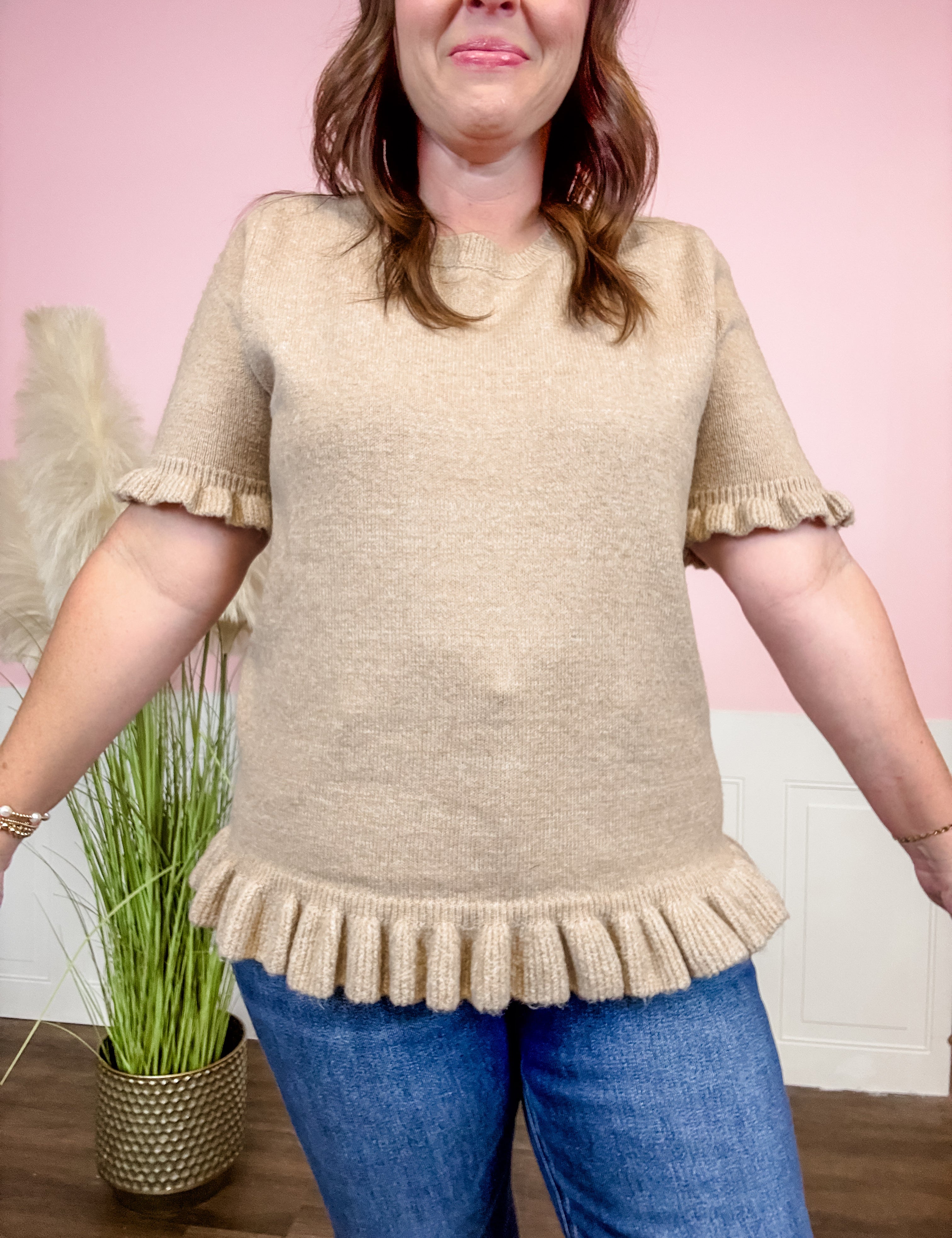 Latte Fringe Hem Sweater Top - Just a Small Town Girl