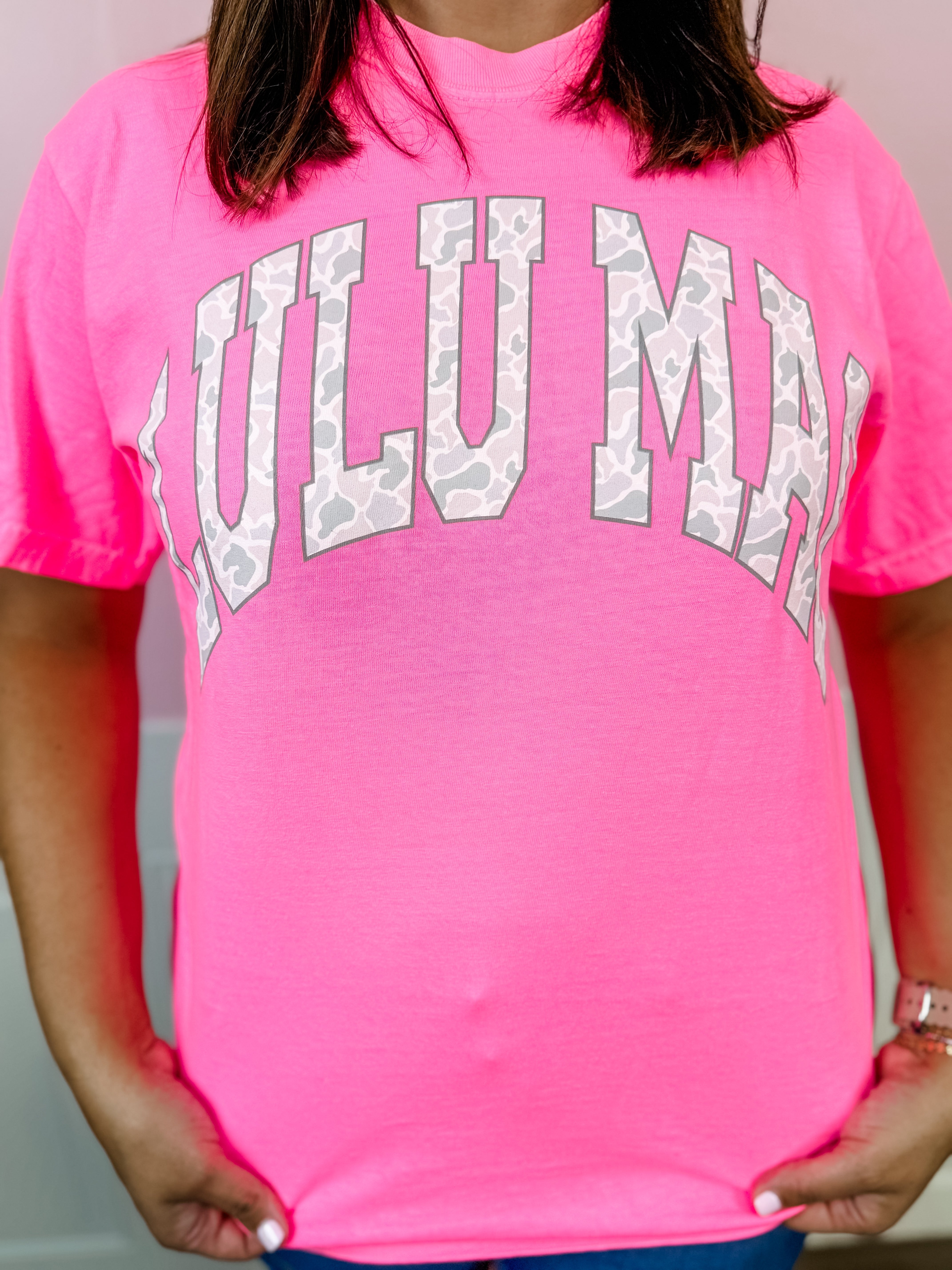 Lulu Mac: Grey Camo Neon Pink Tee - Just a Small Town Girl