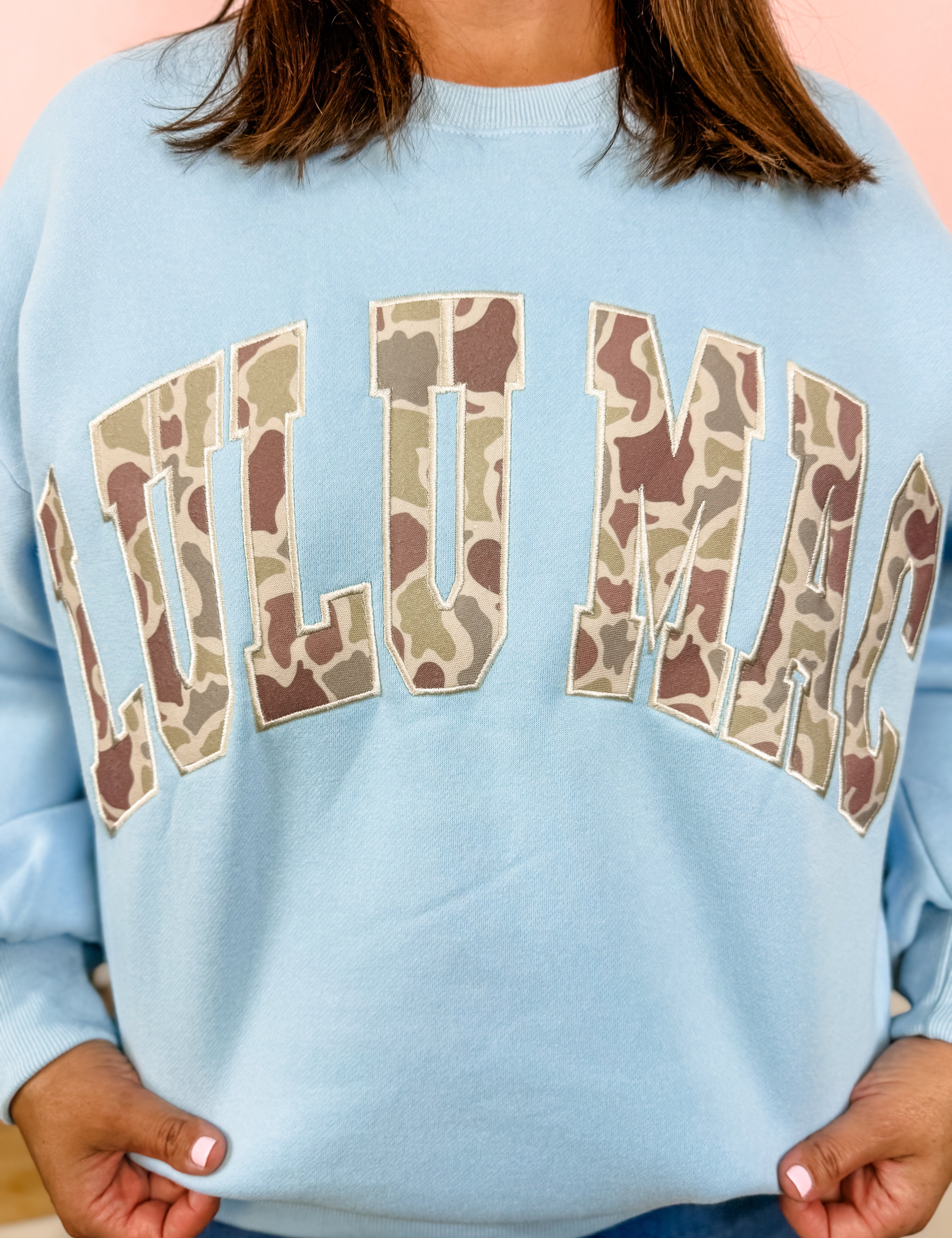 Lulu Mac: Light Blue Camo Sweatshirt - Just a Small Town Girl