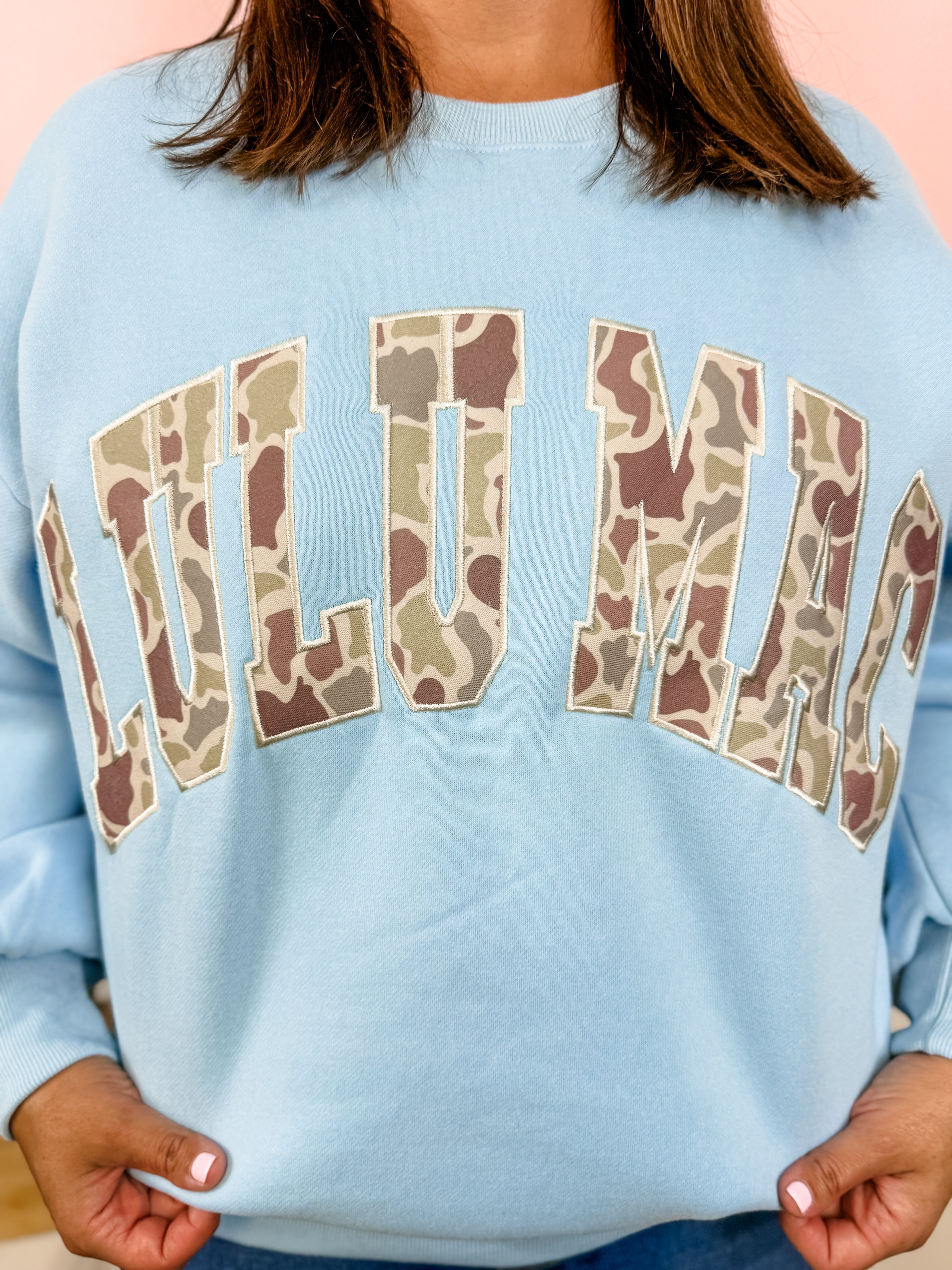 Lulu Mac: Light Blue Camo Sweatshirt - Just a Small Town Girl