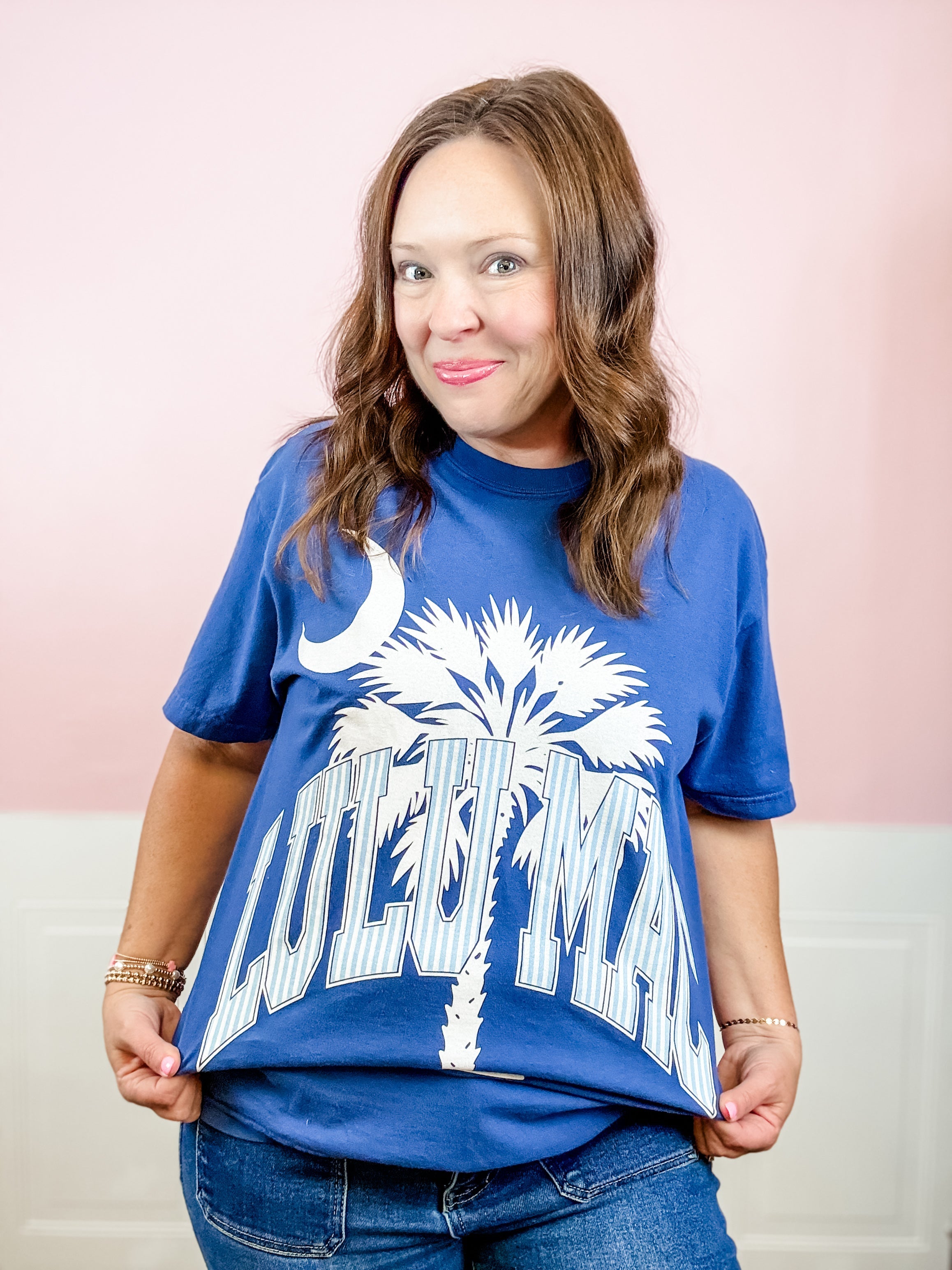 Lulu Mac: Palmetto Moon Palm Tree Blue Tee - Just a Small Town Girl