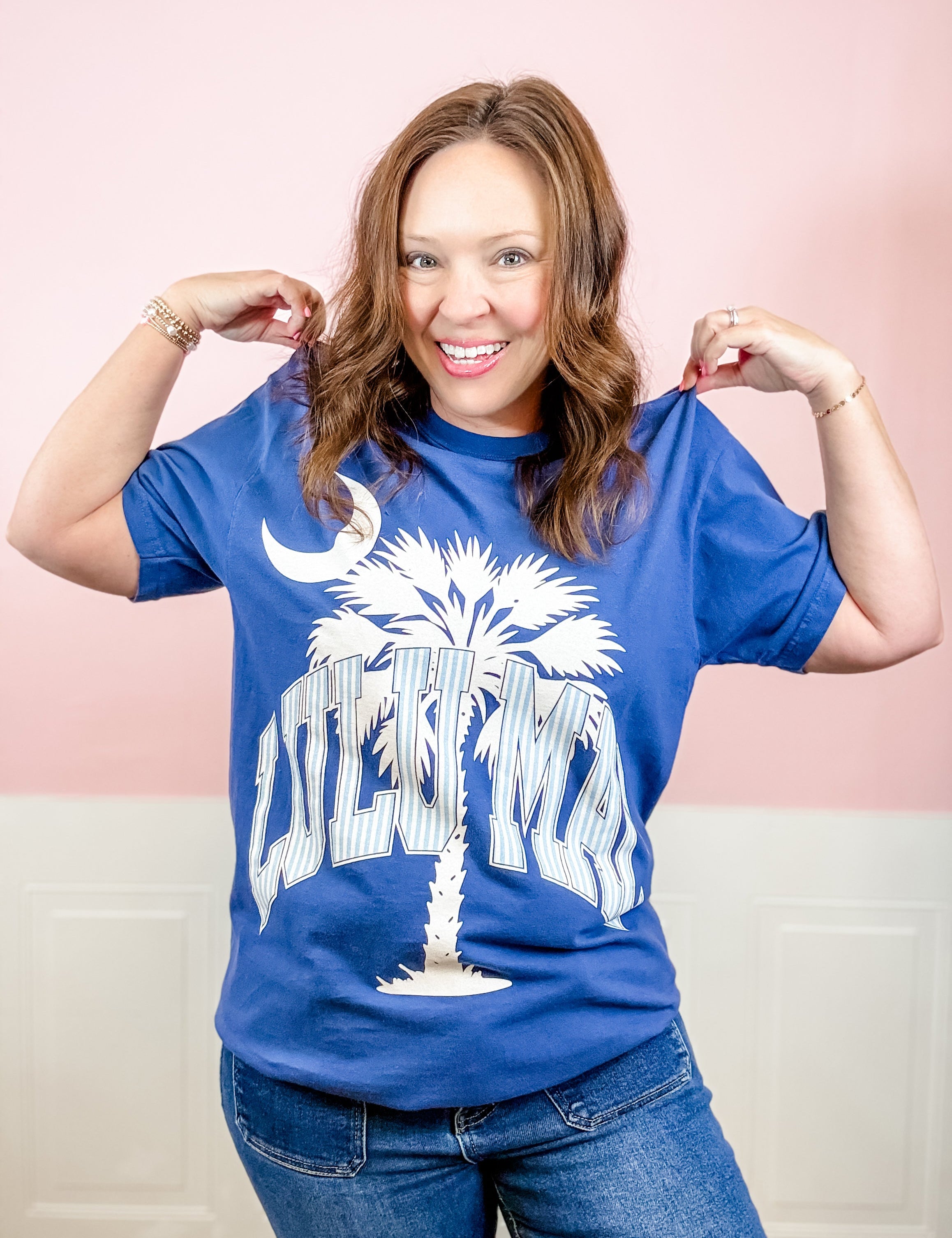 Lulu Mac: Palmetto Moon Palm Tree Blue Tee - Just a Small Town Girl