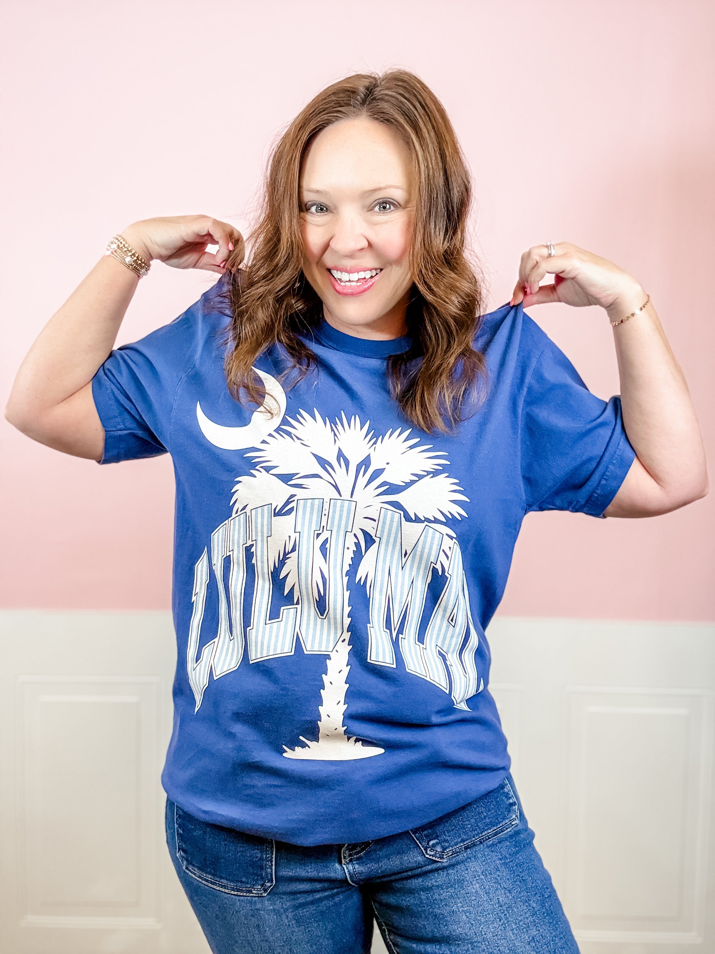 Lulu Mac: Palmetto Moon Palm Tree Blue Tee - Just a Small Town Girl